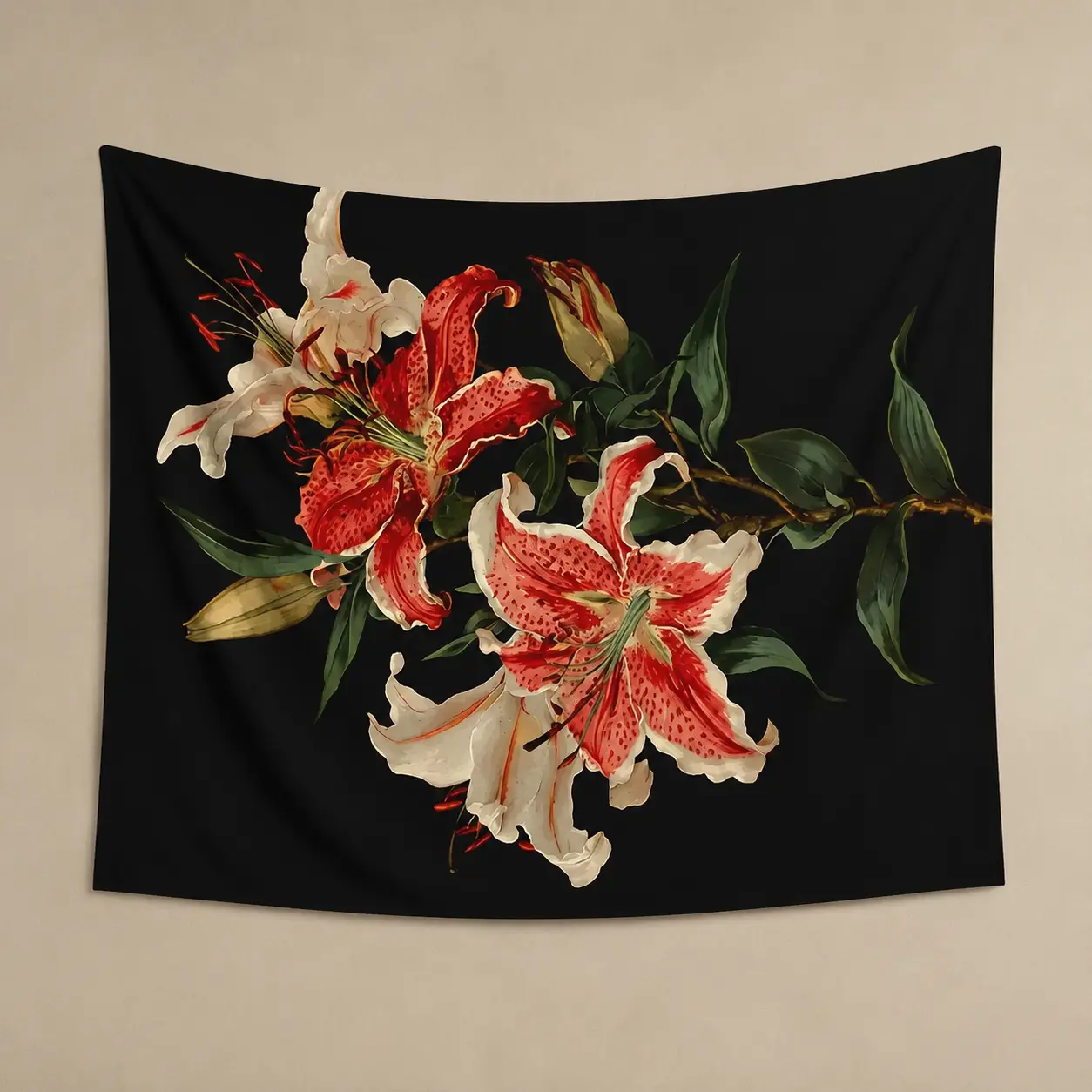 Lily Flower Tapestry Wall Hanging, Black Floral Botanical Wall Decor, Vintage Inspired Aesthetic Tapestry for Bedroom Living Room Dorm Room Office Decoration, Elegant Nature Art Gift