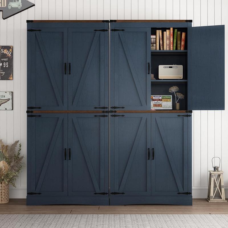 71in Farmhouse Kitchen Pantry Cabinet,Tall Storage Cabinet with 4 Doors and Adjustable shelves,with Load-Bearing Steel Pipe,Wood Storage Cabinets for Kitchen,Dining Room,Bathroom(Black/Brown/Light Rustic Oak/White/Rustic Blue)