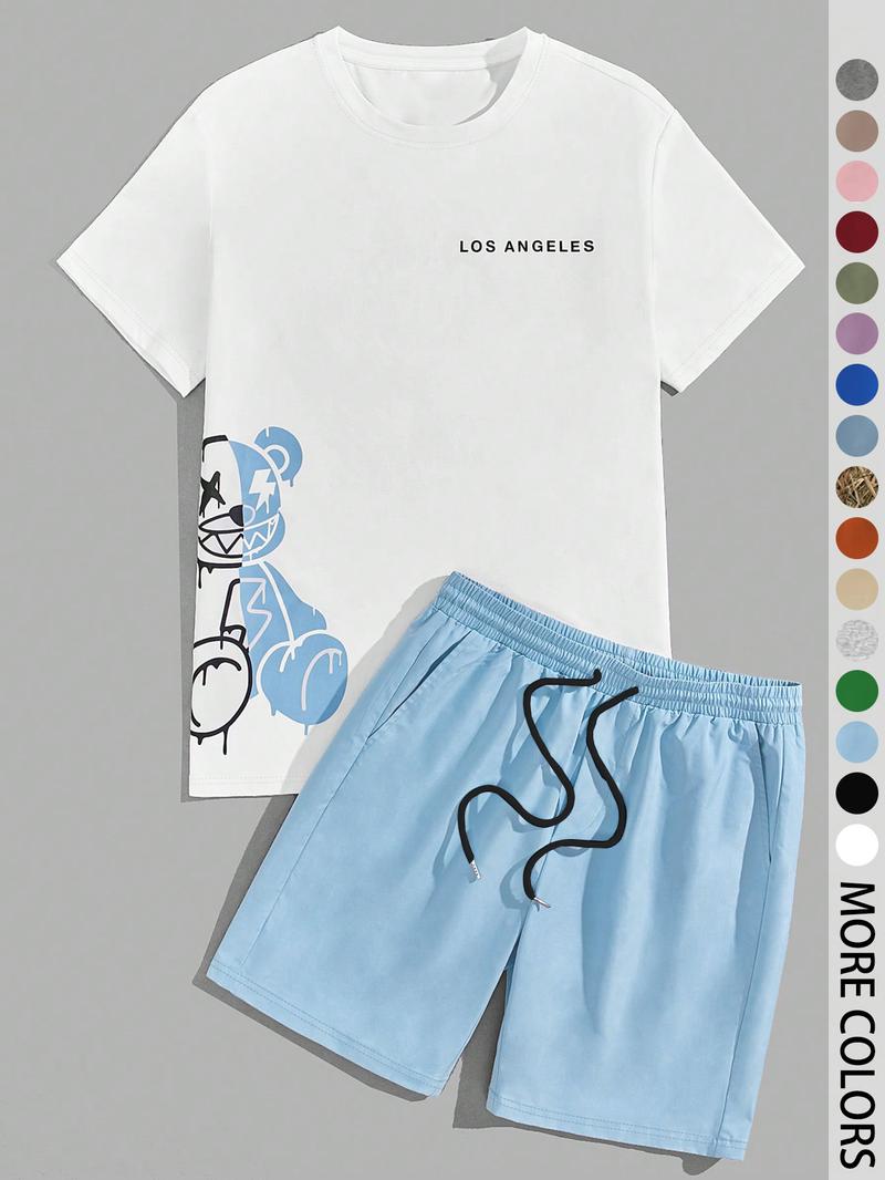 Two-Piece Set Men's Cartoon Bear & Letter Print Short Sleeve Tee & Shorts Set, Regular Fit Casual Round Neck T-shirt & Track Shorts, Summer Clothes Set for Men