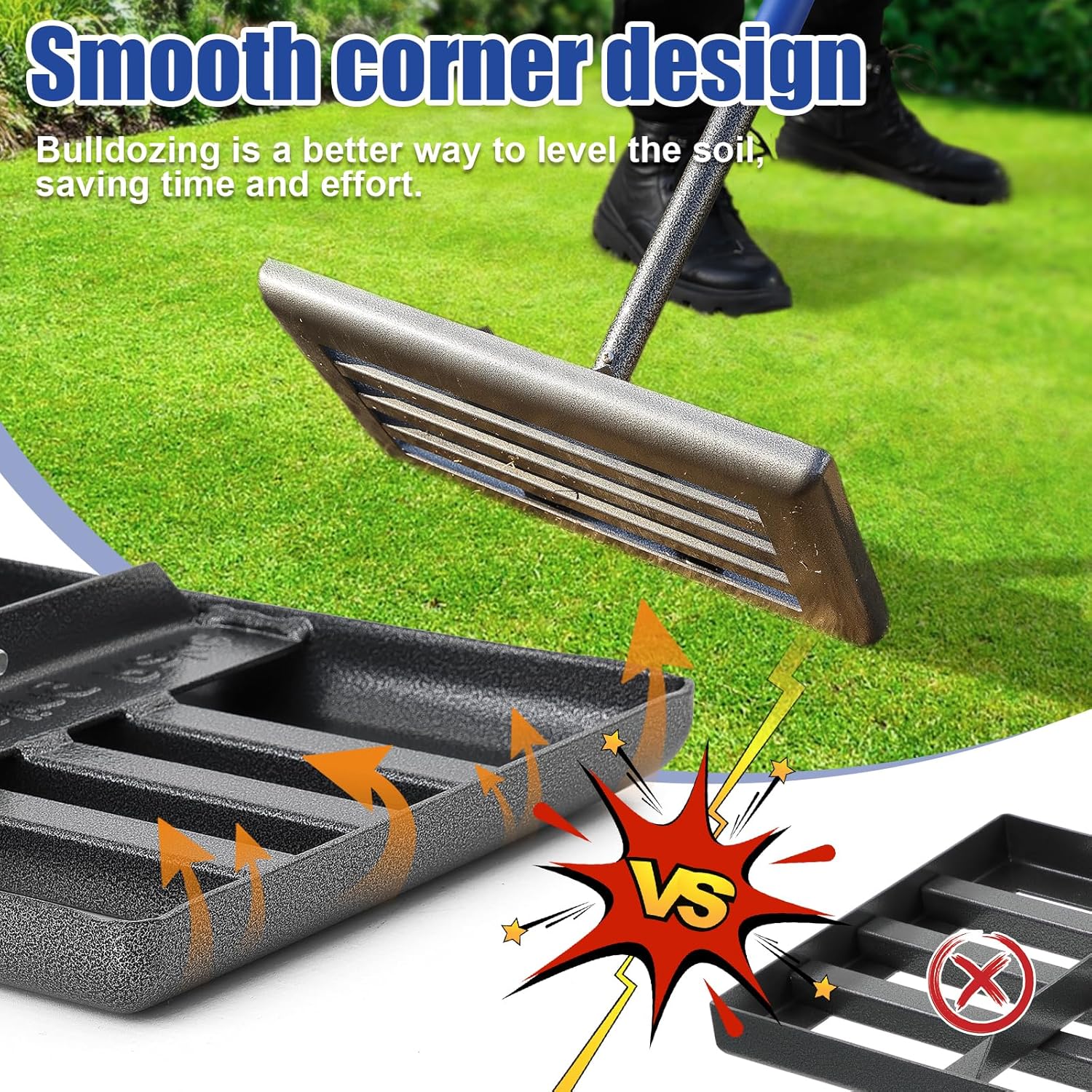 Lawn Leveling Rake | Levelawn Tool | Level Soil or Dirt Ground Surfaces Easily | 18" x 10" Ground Plate | rakes for lawns Heavy Duty 72" Extra Long Handle | Extracted Iron Metal Black