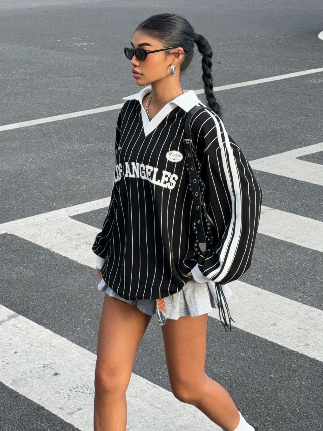 TikTokShopBlackFriday Women's Oversized Tees Striped Letter Print Y2k Jersey T Shirt Collar V Neck Long Sleeve Loose Tops