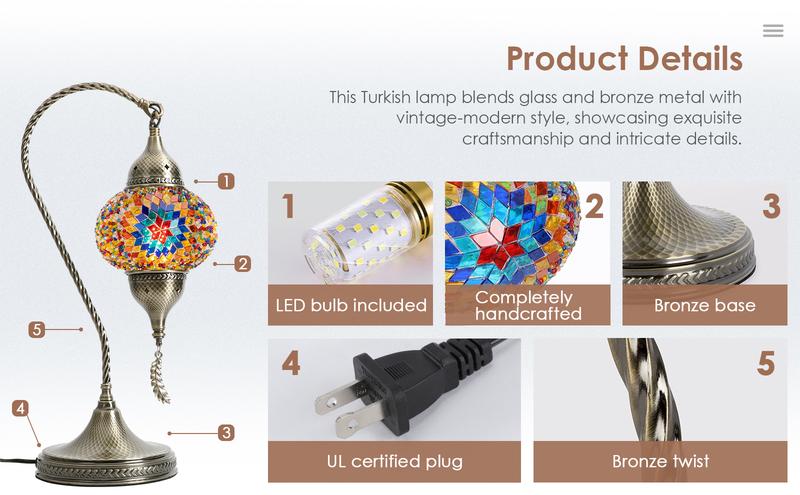 Yarra-Decor Turkish Moroccan Mosaic Table Lamp with Bronze Base - 3 Color Options Handmade Swan Neck Tiffany Mosaic Glass Bedside Lamps for Bedroom, 19" Blue1(LED Bulb Included) Home Design