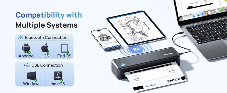 Portable Printers Wireless, D820 Thermal Inkless Printer Support Sizes from 8.5" x 11" to 2" Width, AI Printer, Suitable for Smartphone & PC, Bluetooth Printers for Travel, Home Use Fathersdaygift