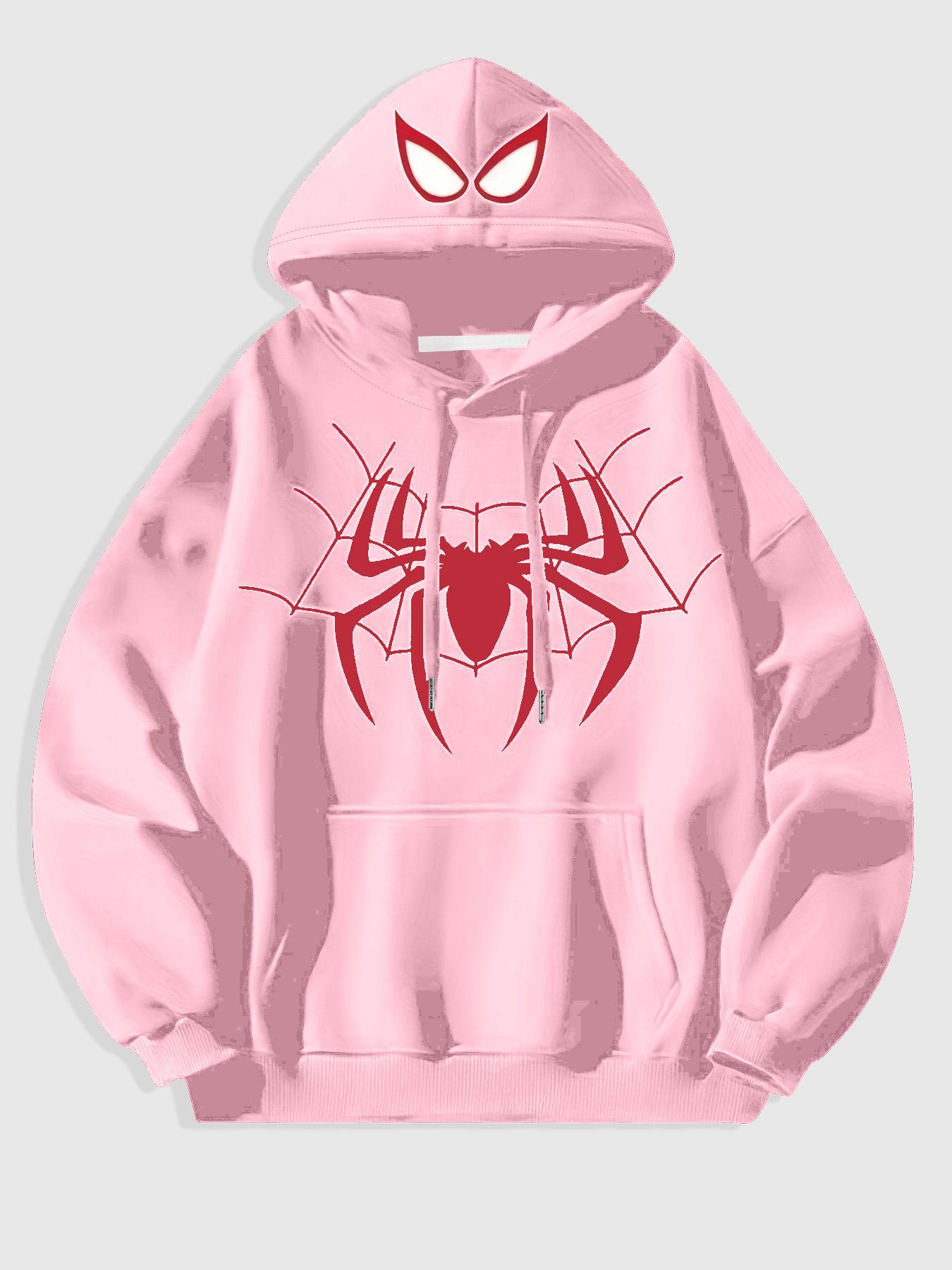 Men's Black Spider-Man Graphic Hoodie with 3D Red Spider Logo and Web Design, Soft Fleece Pullover for Superhero Fans and Casual Streetwear