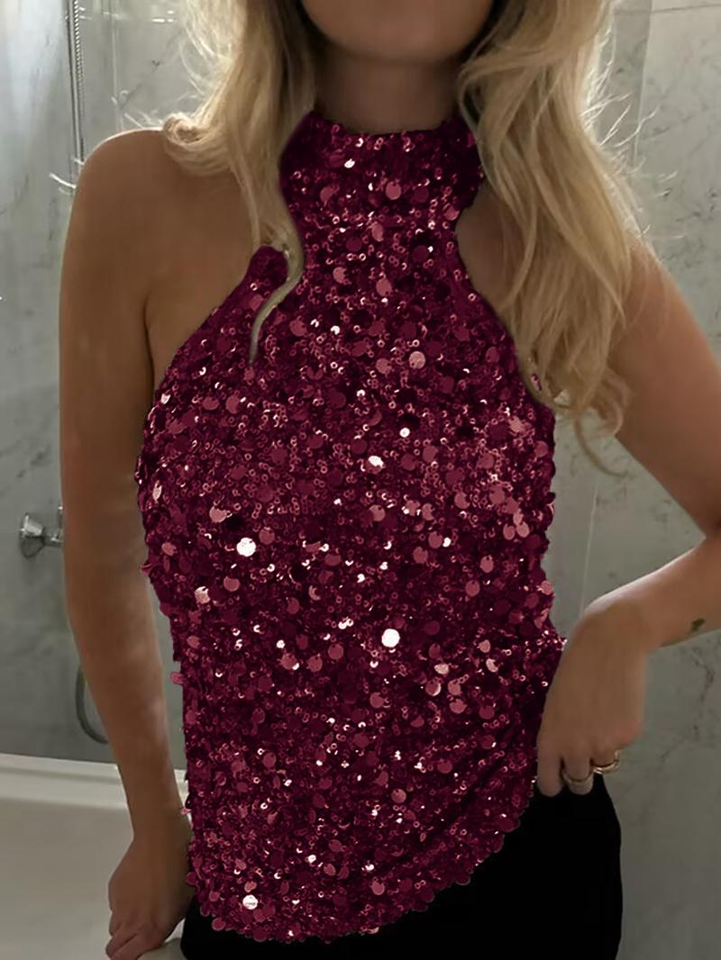 Y2K Women's Sequin Design Halter Top, Elegant Slim-Fitting Backless Vest, Plain Pattern, Perfect for Casual Wear