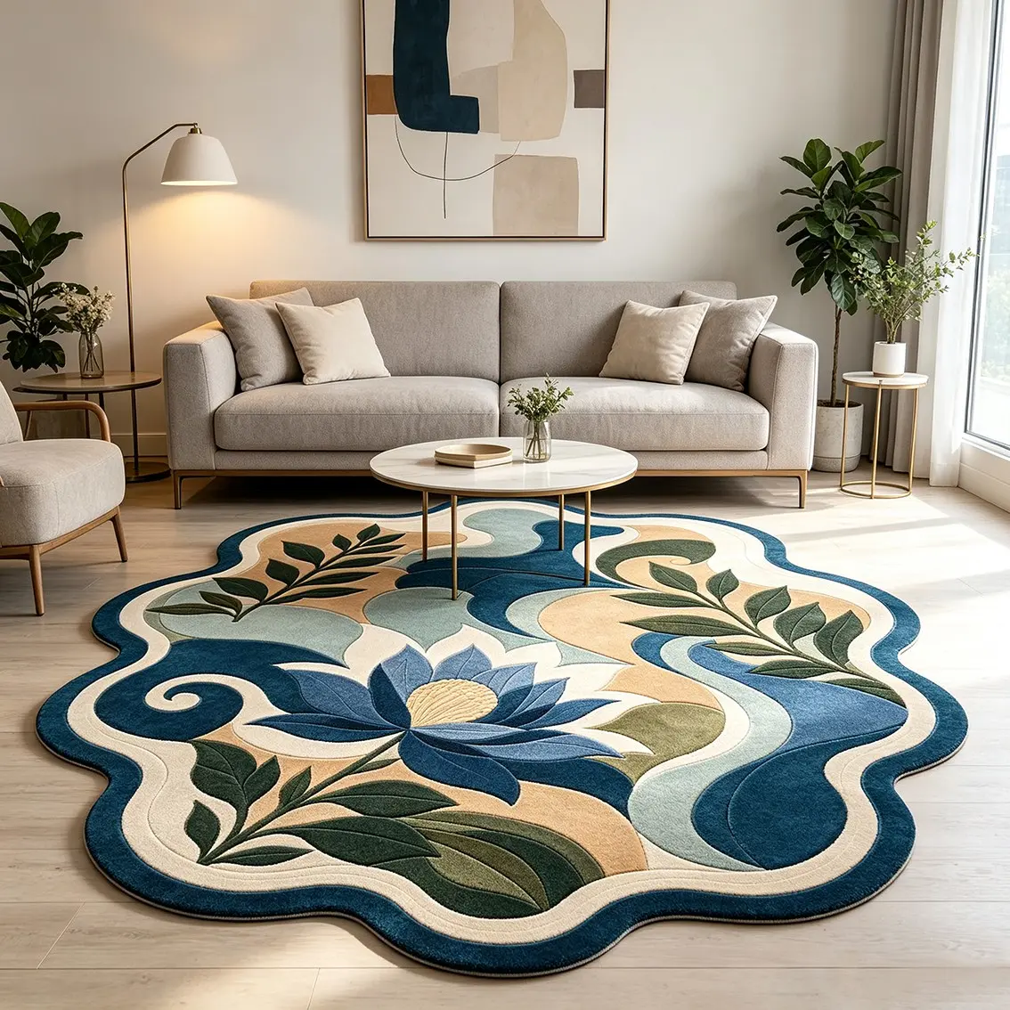 Floral Wave Scallop Edge Alien Carpet, Retro Lotus Leaf Plant Printed Floor Carpet, Soft Short Fleece Anti Slip Indoor Floor Mat, Suitable for Aesthetic Modern Home Decor by Living Room Sofa and Study Room, Artistic Plant Style Carpet