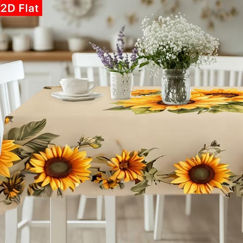 2D Flat Party Tablecloth 1pc, Sunflower Print, Floral Edge Design, Festive Outdoor Decor, No Power Needed, Perfect for Parties and Patios