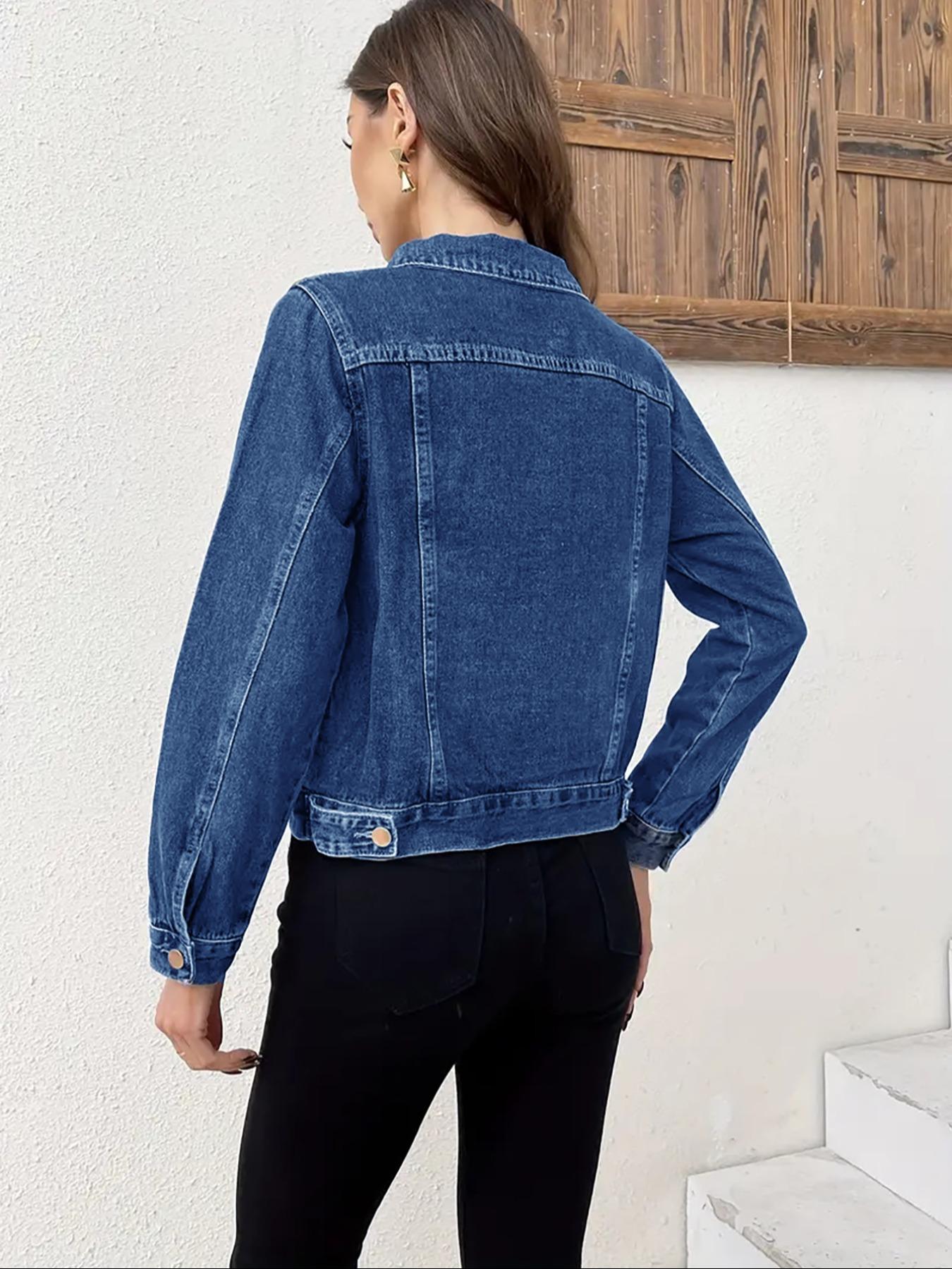 Women's Denim Jacket with Front Button Pockets, Fitted, Casual Street Style, Fall & Winter Outerwear, Pure Color Jean Coat