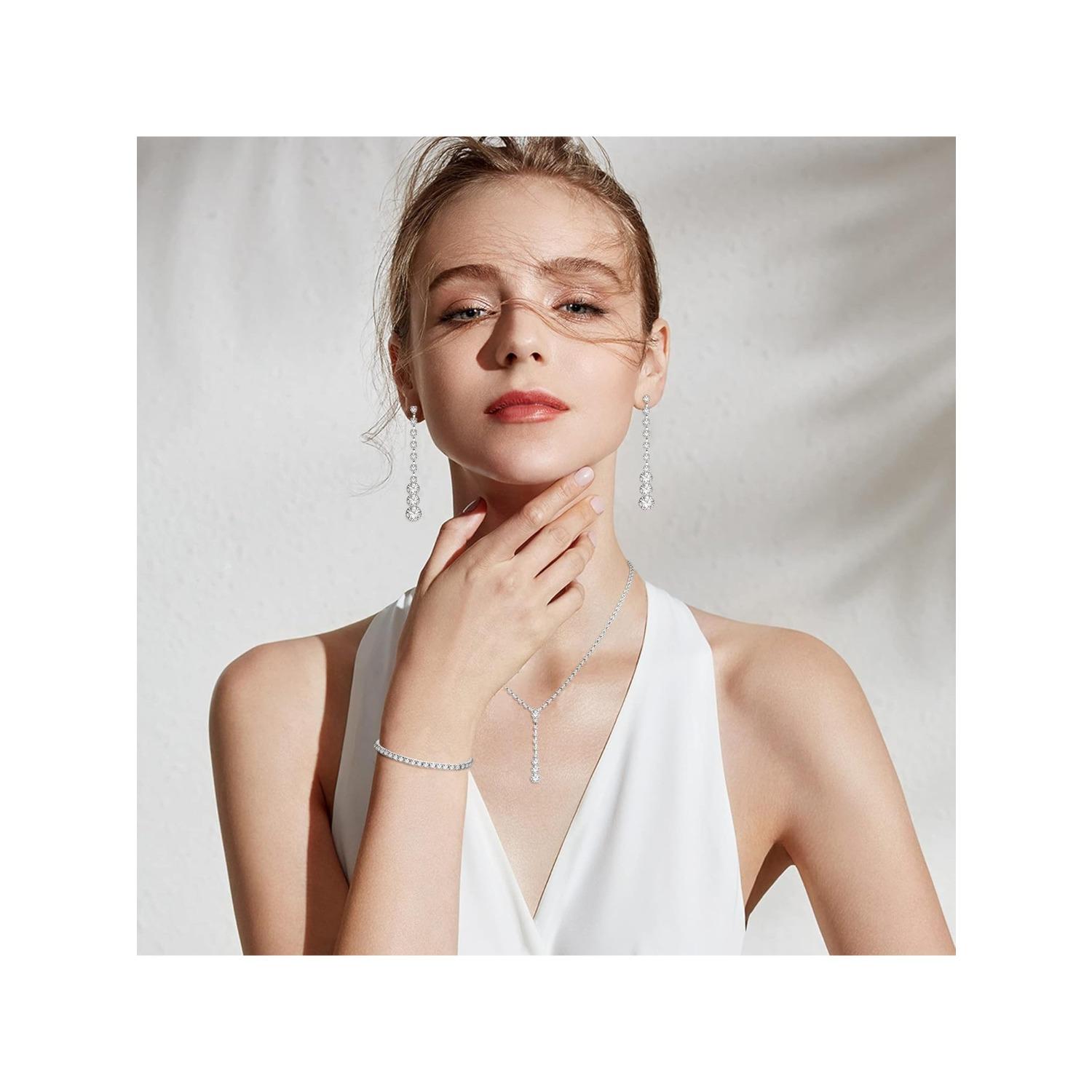 One Set Silver Bridal Jewelry Set Rhinestone Necklace Bracelet Dangle Earrings for Bride Bridesmaid Teardrop Pendant Crystal Wedding Prom Jewelry Accessories for Women