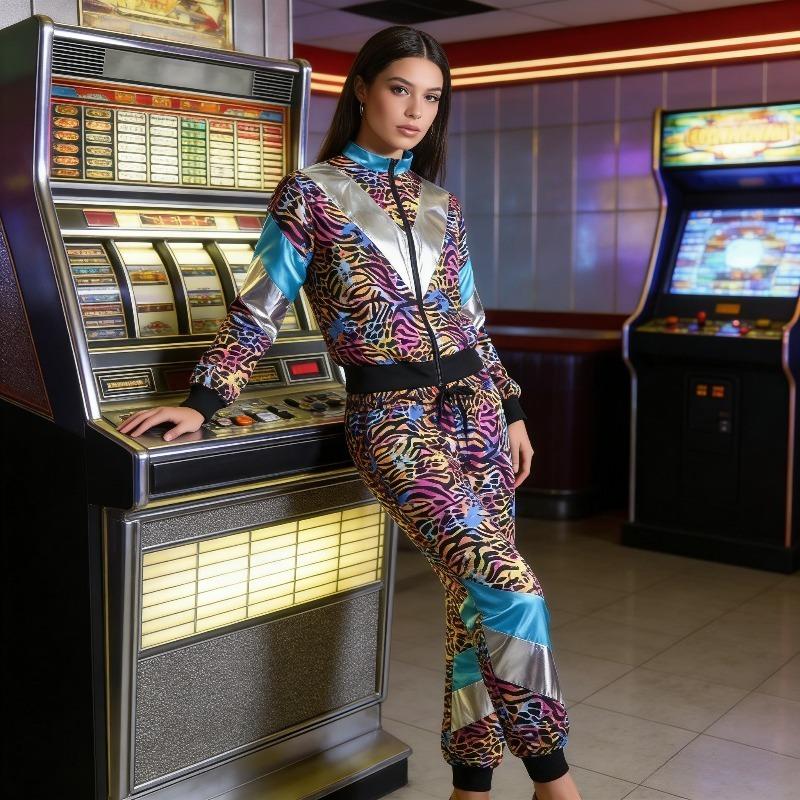 Unisex 2-piece 80s Party Photobooth Props Retro Leopard Print Sportswear Full Zip Jacket and Elastic Pants Disco Dance Costumes for Themed Party Events