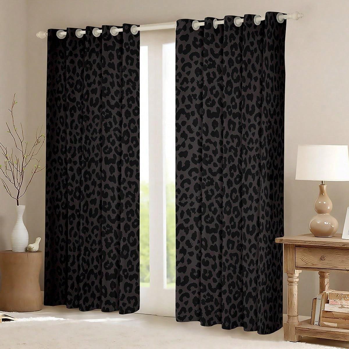 2 pieces of stylish black leopard print curtains with punched holes, made of semi-transparent polyester fabric, suitable for window decoration in home living rooms, bedrooms, balconies, kitchens, studies, and bathrooms, easy to clean.
