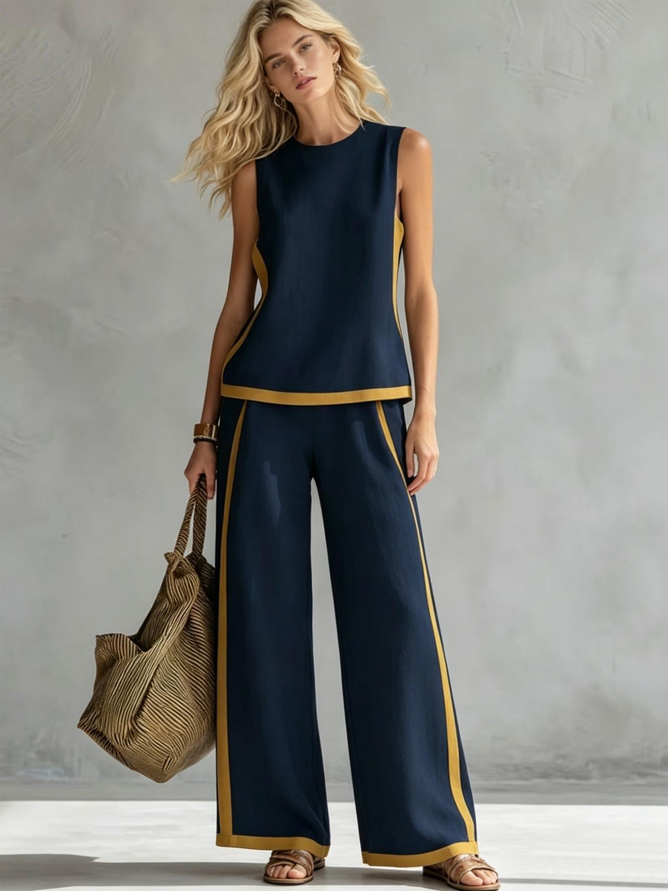 Women's Casual Loose color blocked sleeveless wide leg two-piece set, Colorblock casual set, with breathable surface suitable for commuting, daily wear. Multiple colors available