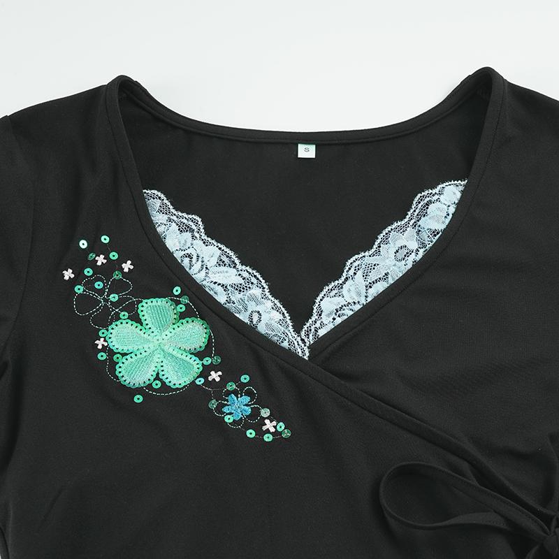 Holiday Style Floral Embroidery Sequin Top, Slim Fit Lace V Neck Short Sleeve Summer T-Shirt, Fashion Drawstring Design, Casual Daily Wear, Trendy Summer Tee