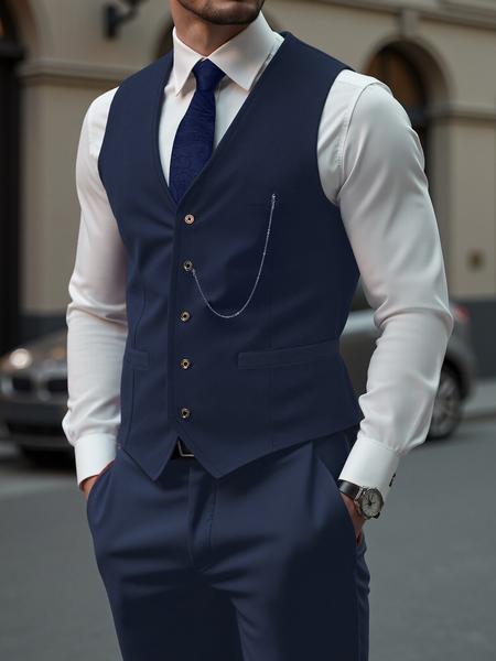 Two-Piece Set Men's Solid Button Front Suit Vest & Pocket Pants Suit Set, Chain Decor V Neck Top & Trousers, Men's Formal Outfits for Work Office Business