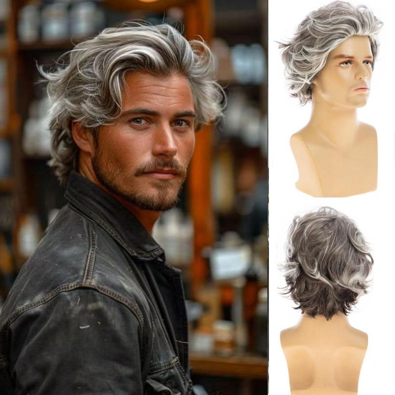 Men's Synthetic Curly Hair Medium-Length Wig - Gradient Gray-White Blonde, Unisex Secure Styleable Comfortable Breathable, Styling Accessory for Role-Playing, Halloween