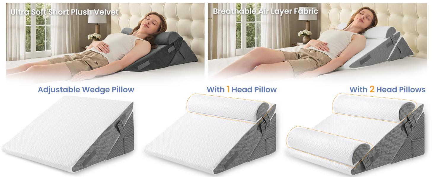 Sasttie Supportive 2PCS Adjustable Size Bed Wedge Pillow Set with Memory Foam Neck Rest Cushion - Post-Surgery, Acid Reflux, Sleeping Use, Dark Grey & White
