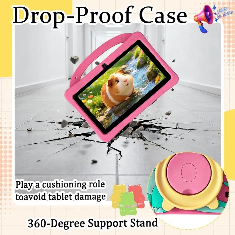 New 7-inch kids' tablet Learning Tablet with Android 13, 1GB RAM and 16GB ROM, WiFi support, comes with a shockproof silicone case and cute dinosaur design. Parents can control the educational apps. Dual cameras, perfect Children's Day gift for kids.