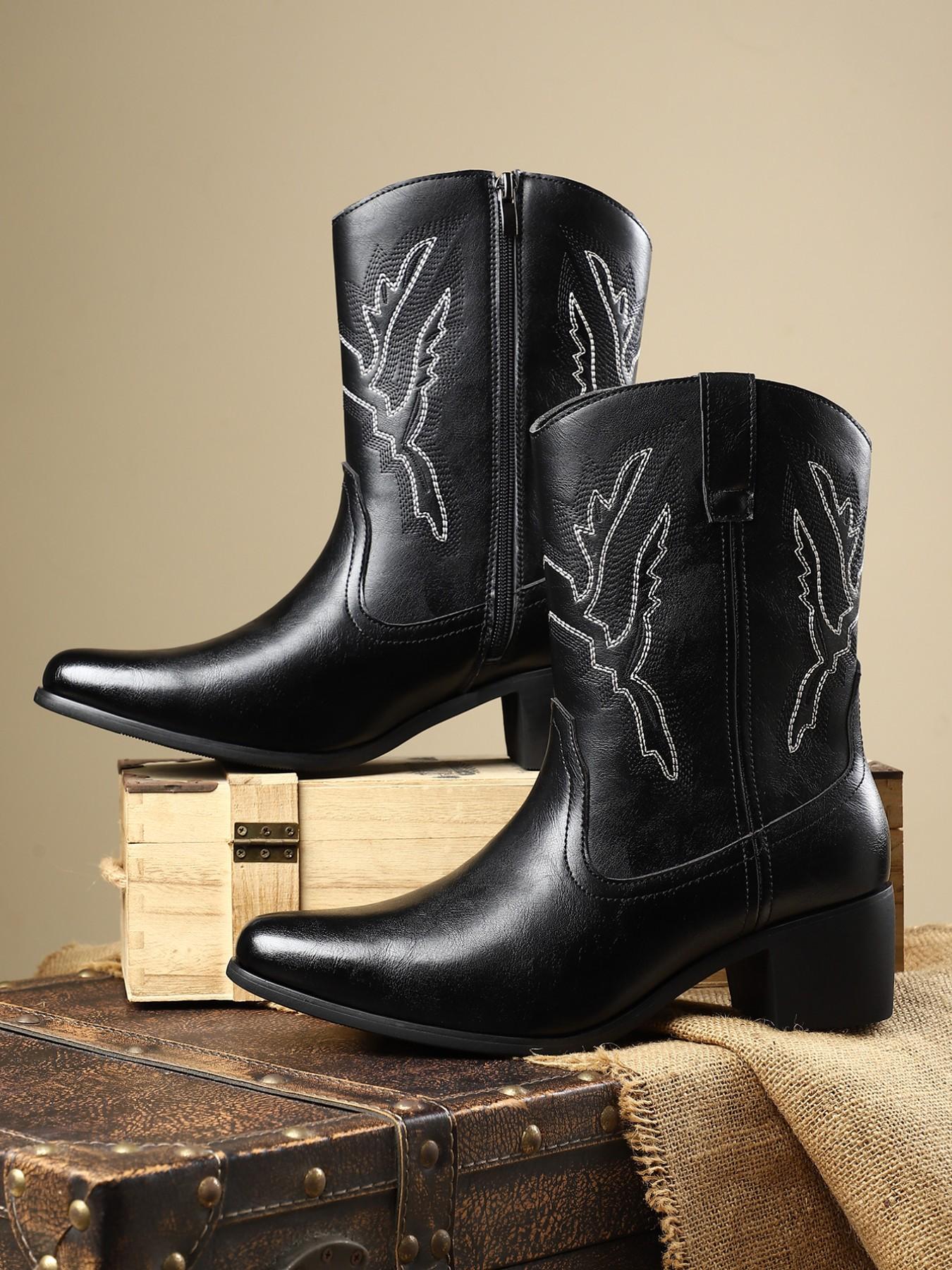 Men's Denim Boots Daily Embroidery Casual Low Heel Rubber Sole, Patchwork PU Upper, Mid-Calf Height, All Seasons Wear