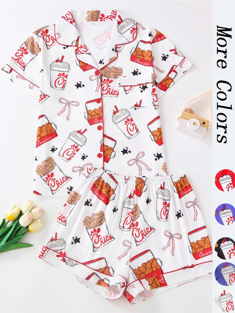 2-Piece Vegetable Print Women's Pajama Set, Button-Up Short Sleeve Top and Comfortable Shorts, Elegant Sleepwear for All Seasons