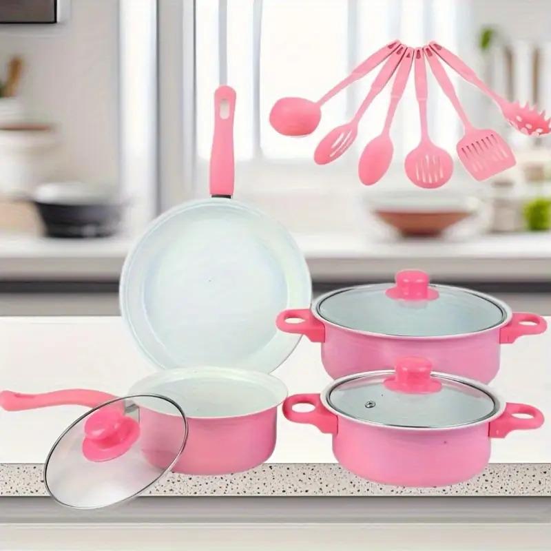 13-Piece Basilite Cookware Set - Durable Cast Iron Cookware with Glass Cover and Tools, Pink/Black, Stylish Kitchen Decor, Easy to Clean, Compatible with Multiple Stoves, Cooking Set