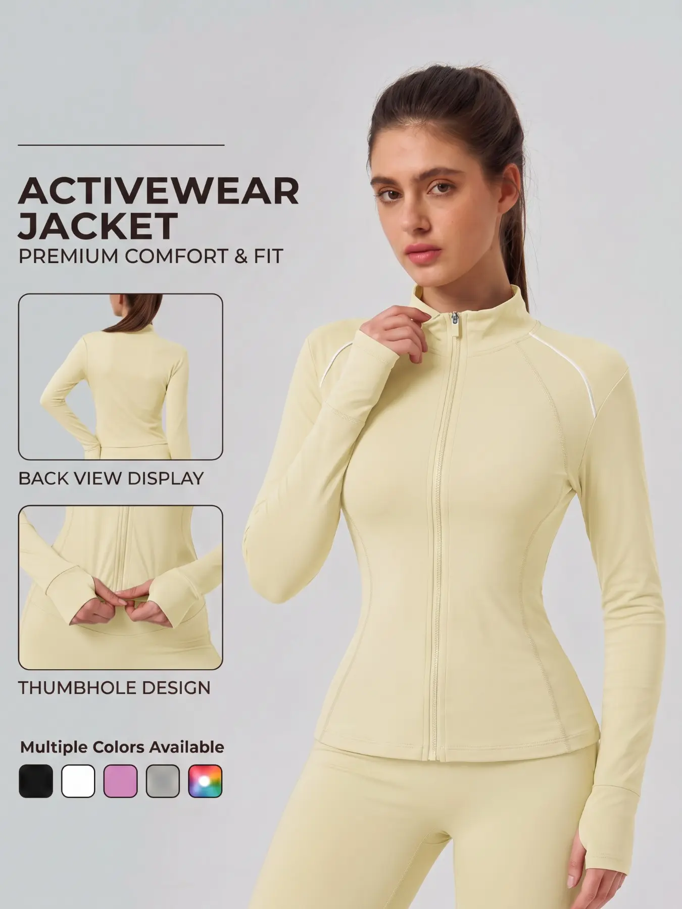 Women's Fitted Zip Up Workout Jacket, Long Sleeve Stand Collar Athletic Jacket, Sporty Style for Yoga, Gym, Running, Everyday Wear