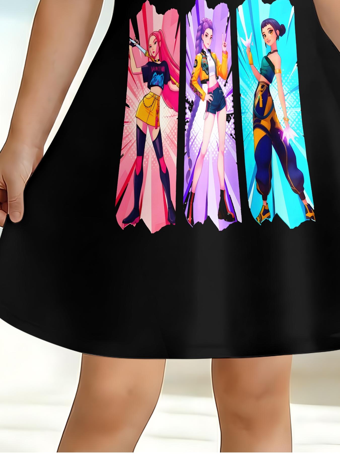 Trendy Idol Style Cartoon Girl Print Kids Dress, Girls Summer Short Sleeve Pleated Skirt, Baby Personalized Versatile Dress