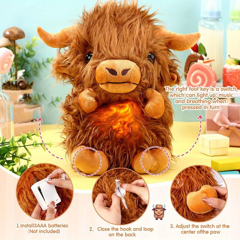 2025 New Highland Cow Plush Doll Stuffed Animal, Highland Cow Plush Toy with Rhythmic Breathing Motion and Music Lights, Portable Highland Cow Plush Toy with Lights and Music, Plush Character