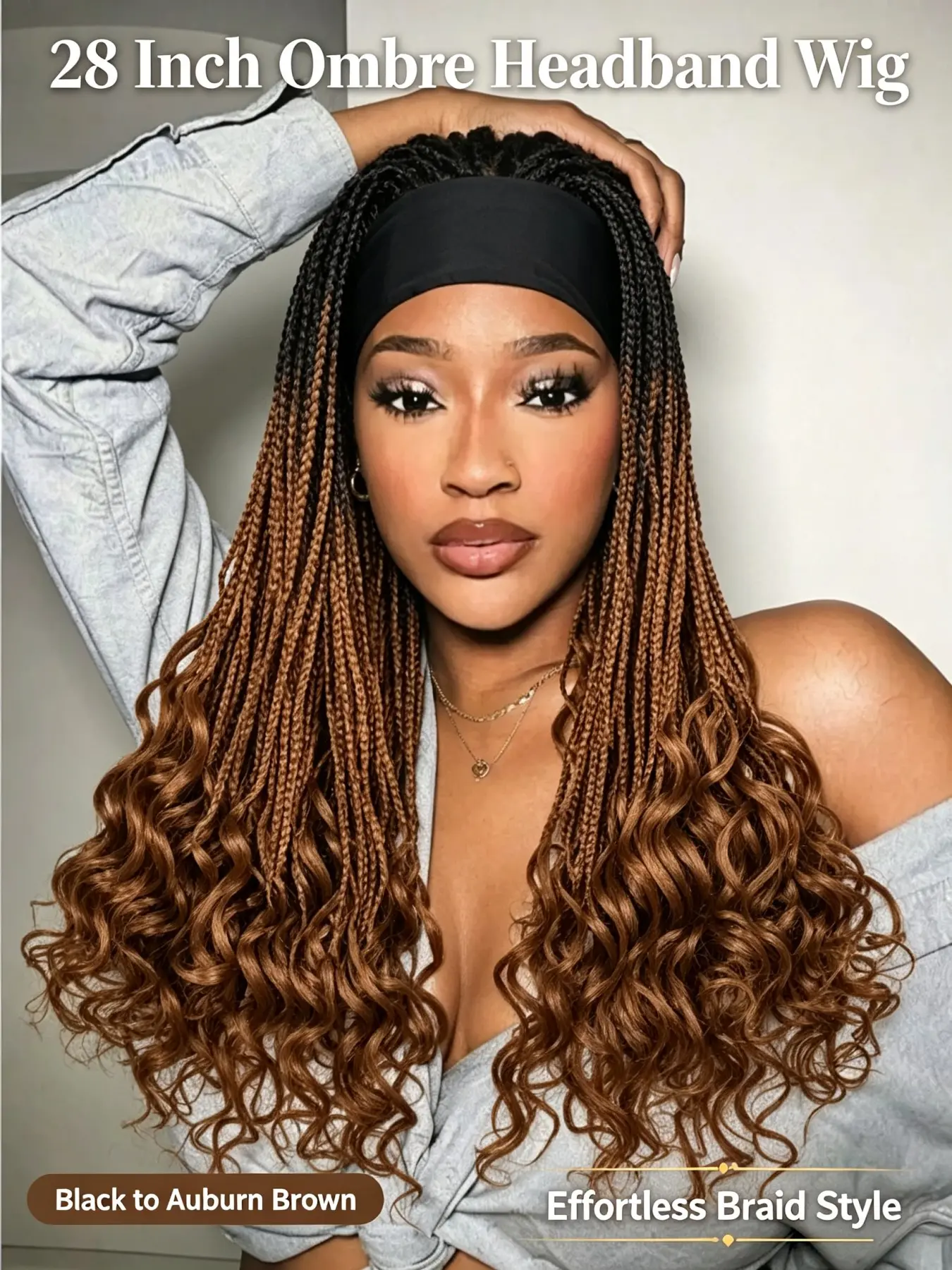 28 Inch Headband Braids Wig, Braided Wig, Knotless Braids with Curly Ends, No Glue, Easy Wear, Synthetic Hair, Long Wigs, All Seasons