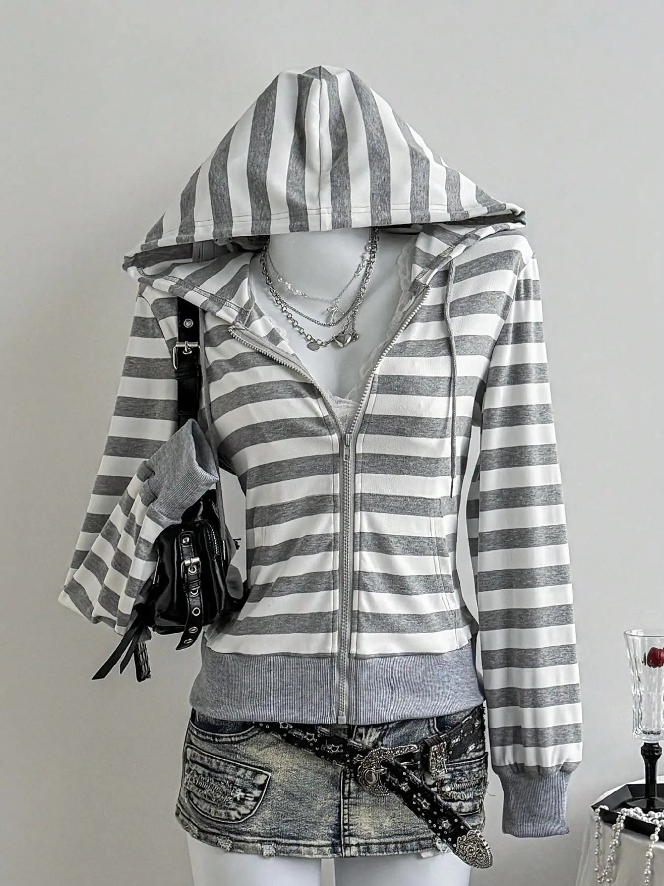 Striped Long Sleeve Loose Ribbed Zipper Fashion Hoodie for Women, Blue Stripes, Fall Winter Season, Casual Fitted Style, Hooded Sweatshirts, Everyday