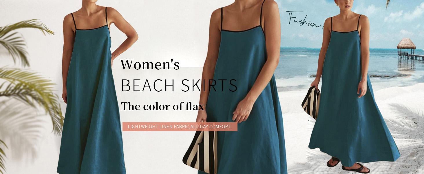 CHARTOU Women's maxi dress Summer Solid Color Loose Long Skirt with Thin Shoulders and Flax Sleeveless Skirt