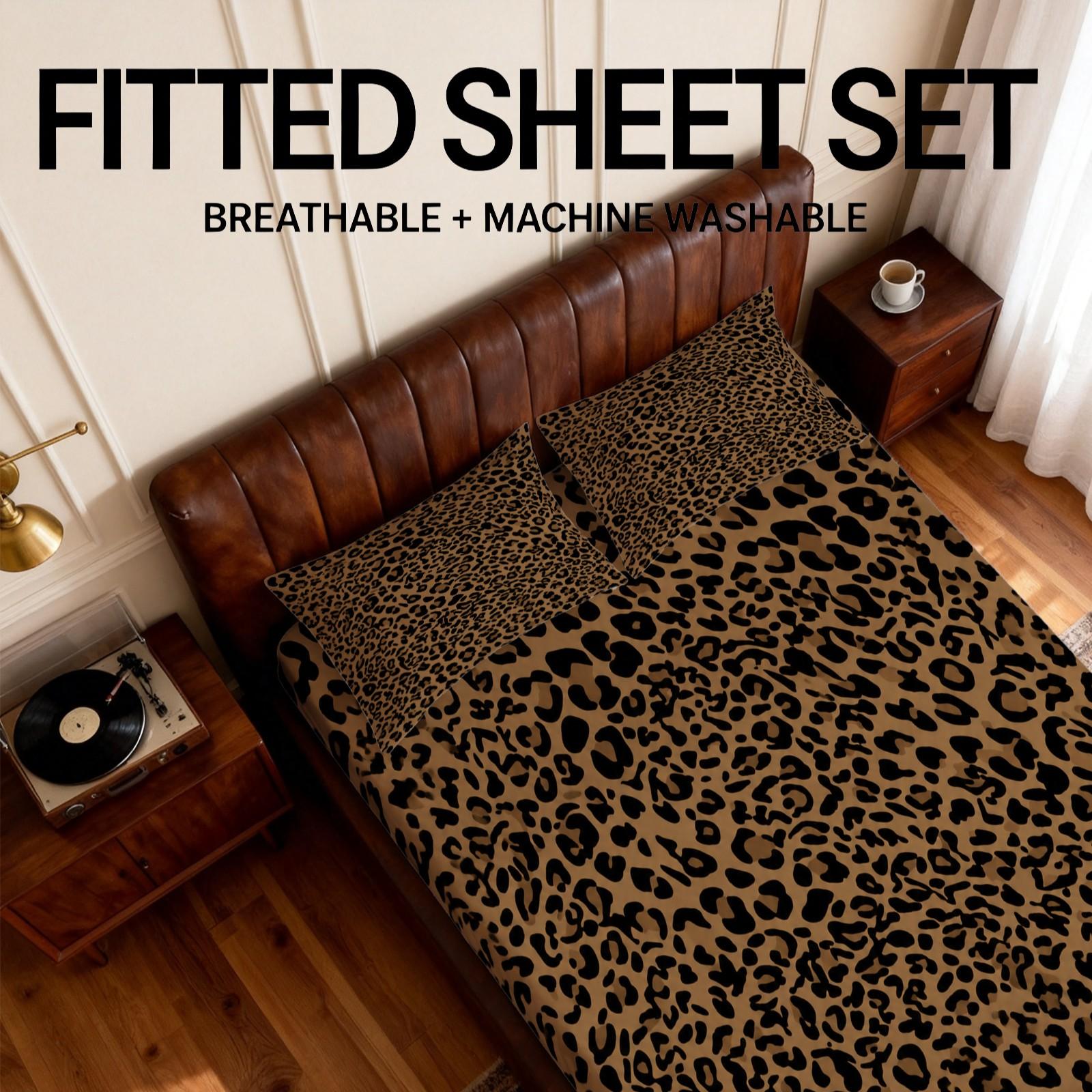 3 Pieces Leopard Print Fitted Sheet Set, Bedsheets Set, Bed Sheet Sets (1 Fitted Sheet + 2 Pillowcases), Classic Retro Animal Leopard Pattern, Soft Skin-Friendly Fabric Bedding, Home Furnishing for Women Bedroom, Top Choice for Holiday Gifts