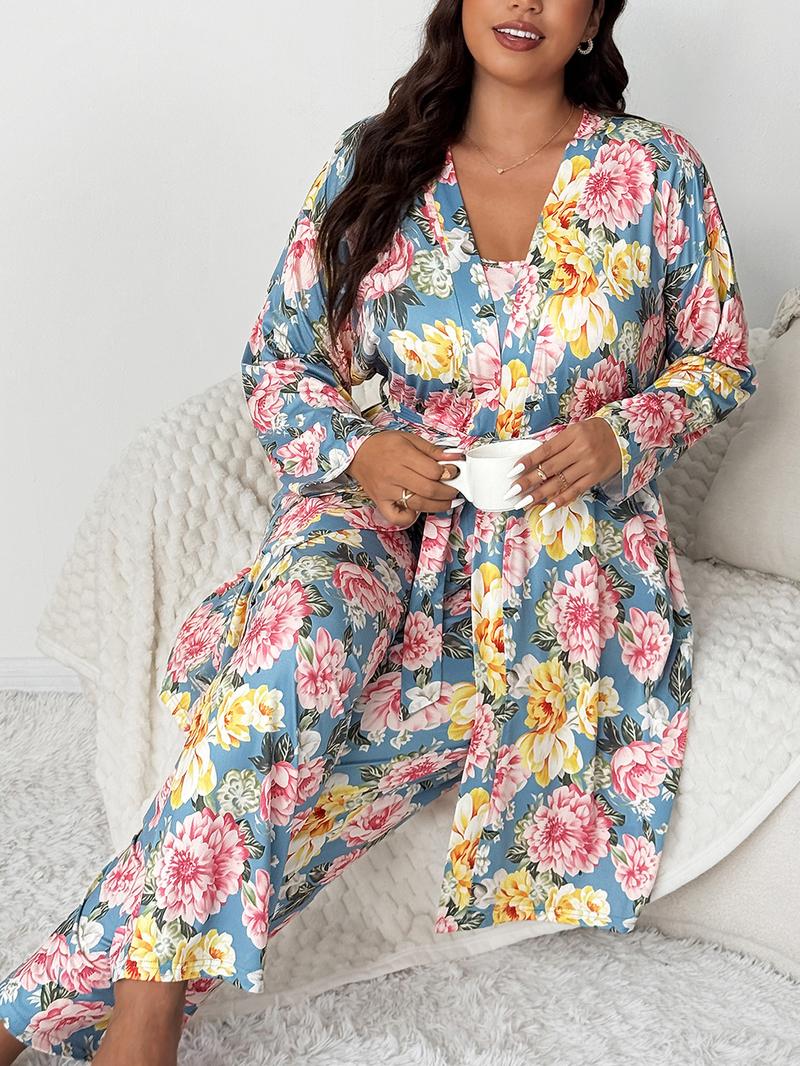 【Plus Size】 Three-Piece Set Floral Print Belted Lounge Robe & Cami Top & Elastic Waist Pants Pyjama Set, Drop Shoulder Long Sleeve Robe & Sleeveless Top & Bow Decor Trousers PJ Set, Women's Sleepwear for Fall, Nightwear Lounge Set, Matching Pj Set