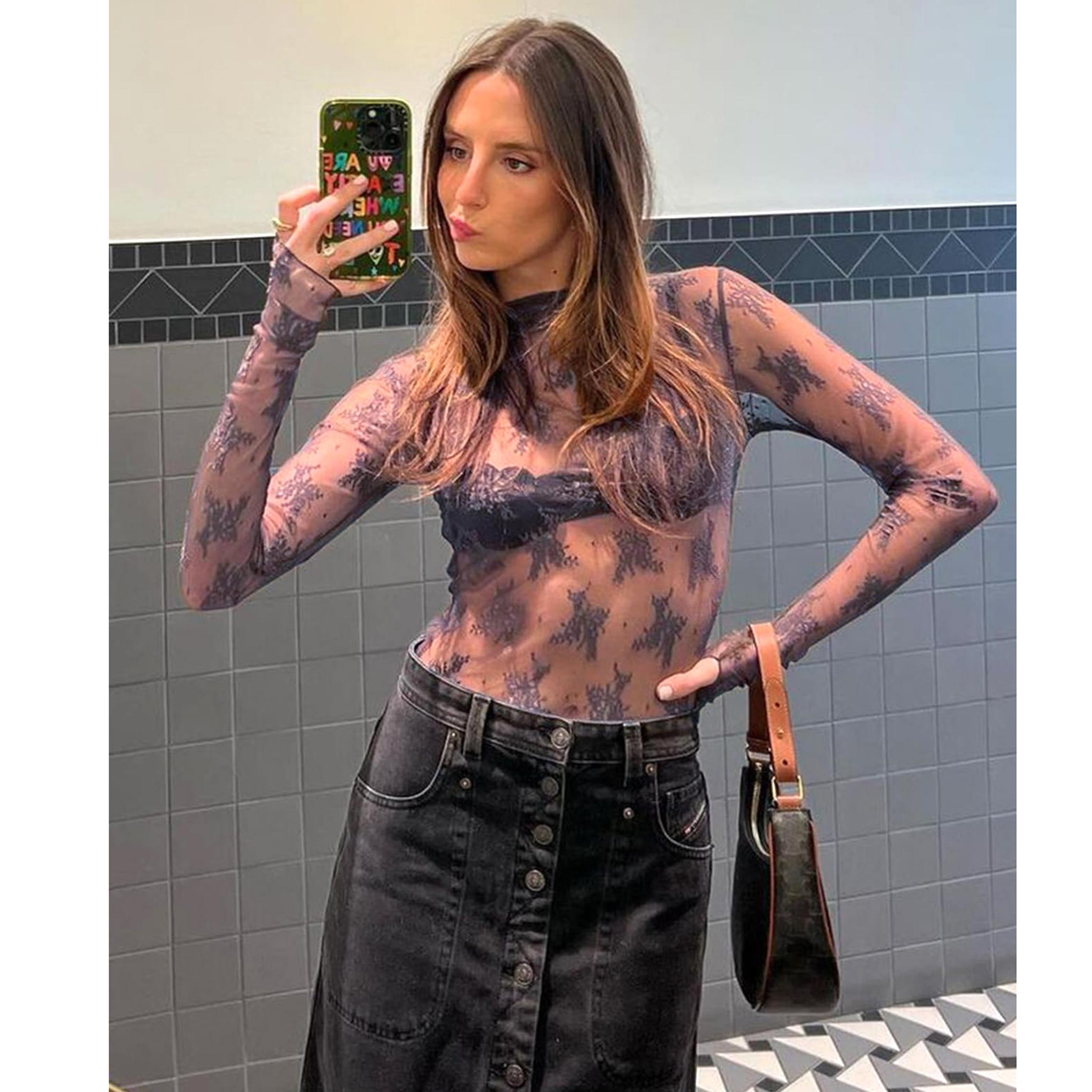 Buenoble Womens Mesh Long Sleeve Tops Crew Neck Sexy See Through Lace Sheer Floral Blouse for Party Club Night Out SpringStatements