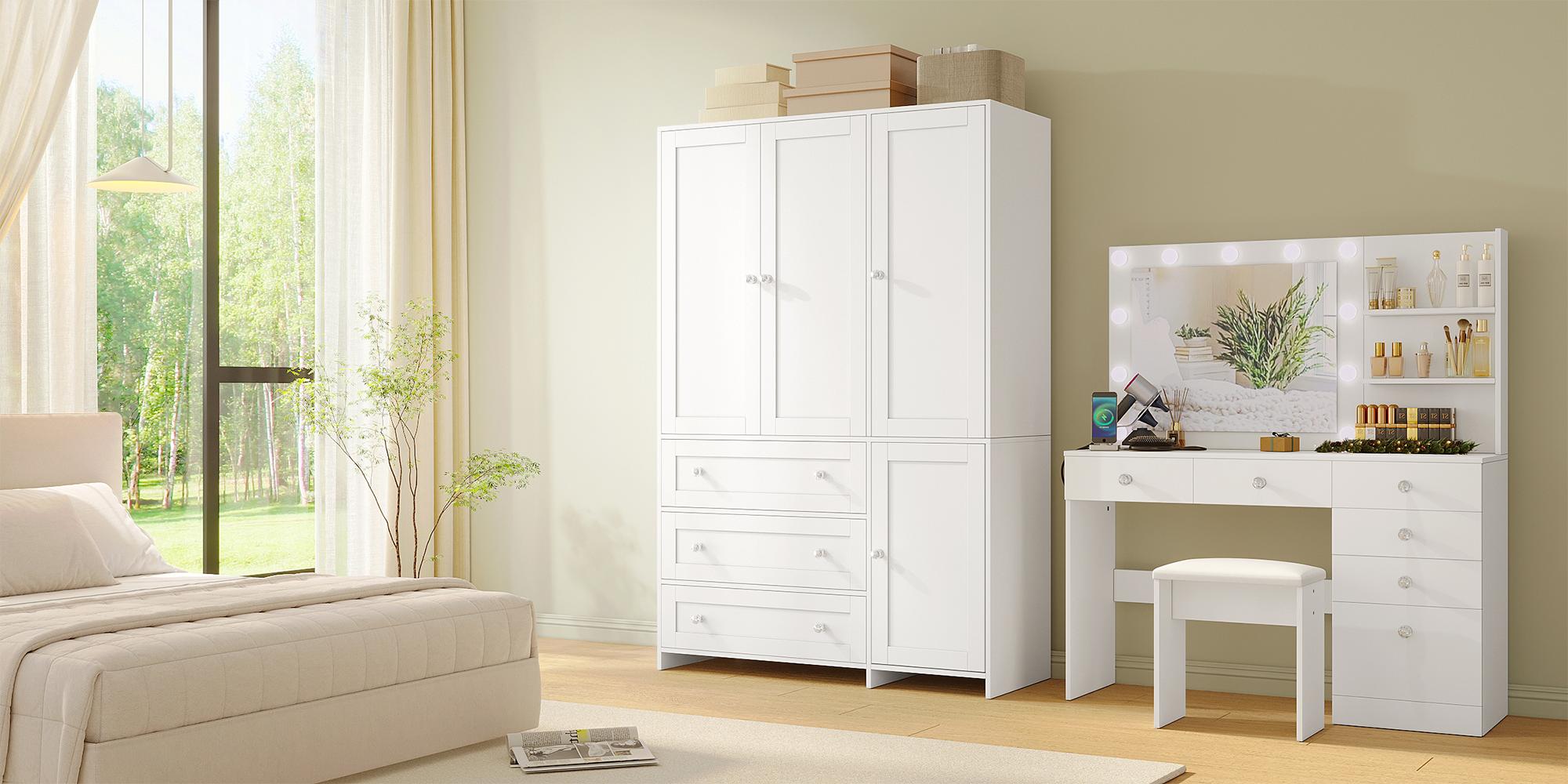 VOWNER Freestanding Wooden Wardrobe Closet Armoire Storage Cabinet 3 Doors with Hanging Rod Bedroom Large Capacity Tall Armoire Organizer with Shelves VOWNER Freestanding Wooden Wardrobe Closet Armoire Storage Cabinet 3 Doors with Hanging Rod Bedroom Large Capacity Tall Armoire Organizer with Shelves