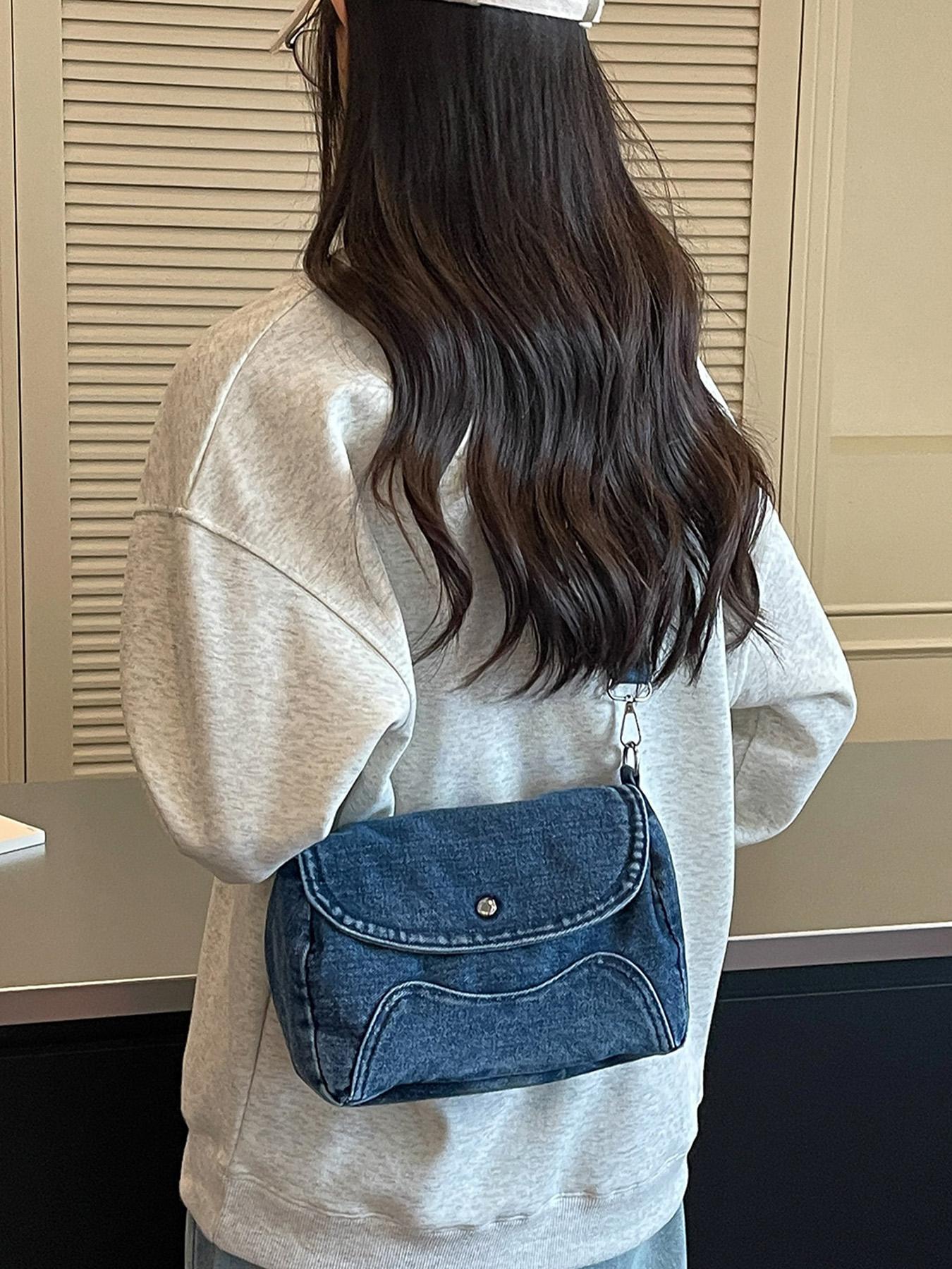 1pc Solid Black Washed Denim Saddle Crossbody Bag, Snap Button Flap Cover Adjustable Wide Shoulder Strap Retro Casual Shoulder Bag For OOTD Shooting, City Shopping, Cafe Hangouts, Weekend Trips, For Y2K Street‑style Fashion Women