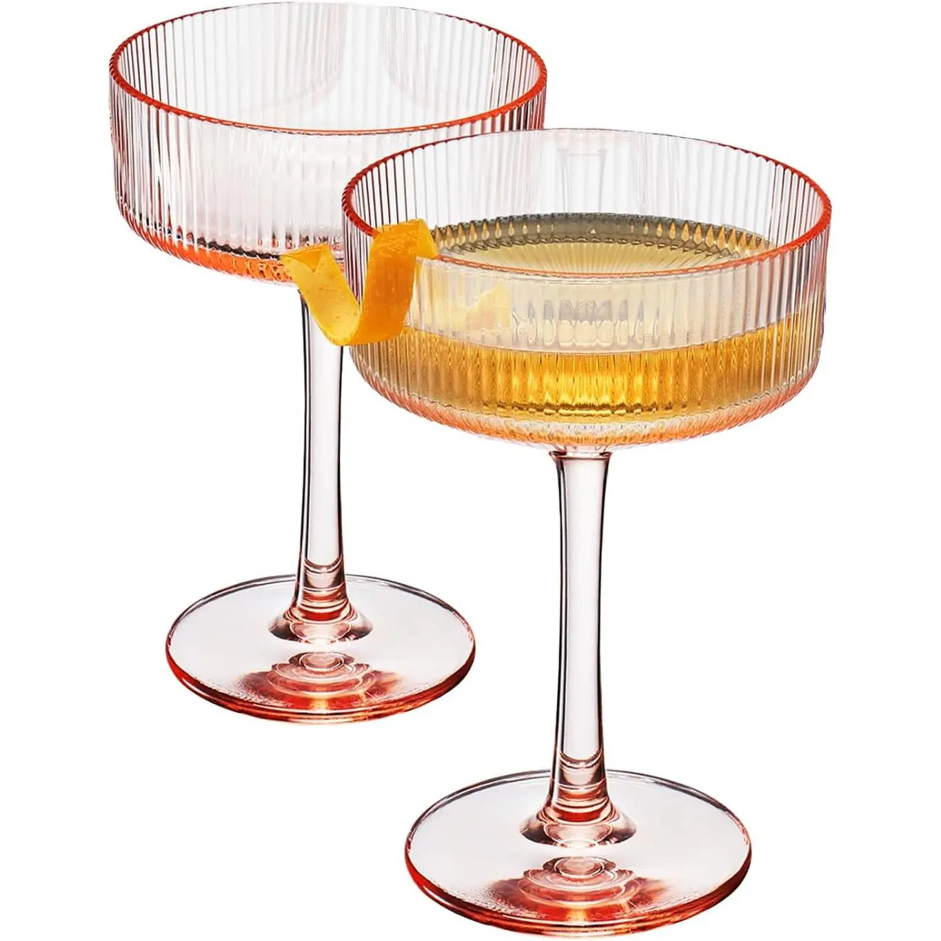8oz European Style Pink Peach Acrylic Ribbed Coupe Glasses - Set of 2 Shatterproof Ripple Stemware, Reusable Easy-Cleaning Goblets for Indoor-Outdoor Parties, Bar Gifts