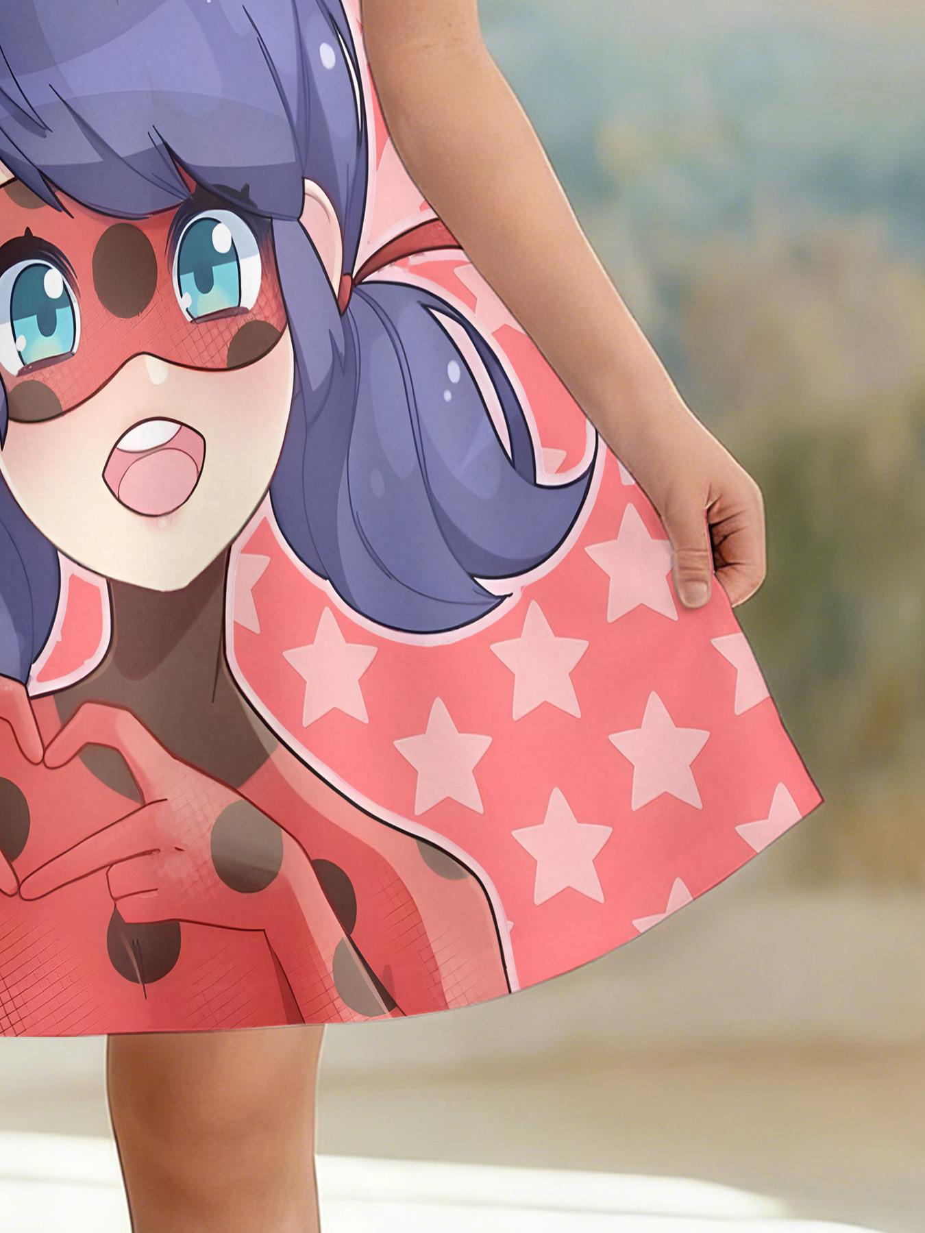 Girls' 3D Short Sleeve Dress, Miraculous Girl Ladybug Heart Print, Perfect for Parties, Festive Gifts, Birthday Presents