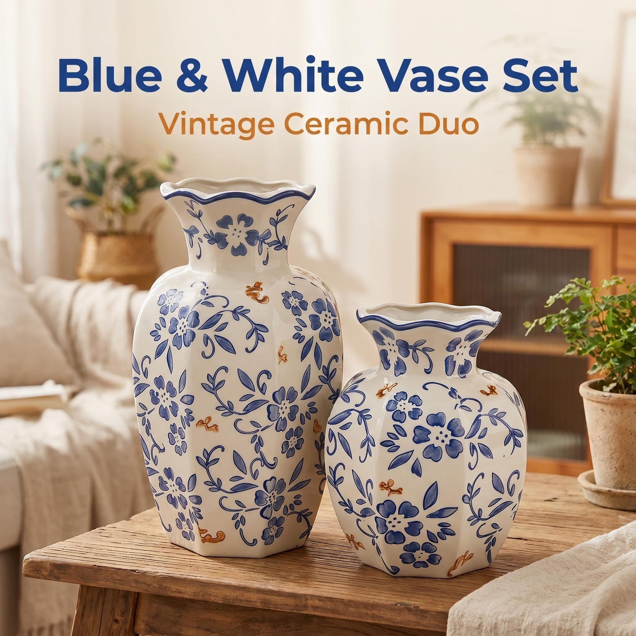 Vintage Oriental Blue And White Porcelain Vase Set of 2, Hand Painted Floral Ceramic Vases Large & Small Matching Design, Chinese Style Tabletop Flower Vase for Living Room Entryway Bedroom Farmhouse Home Decor, Perfect Housewarming Gift