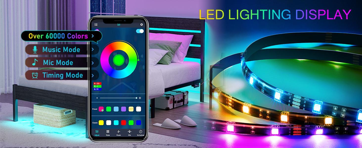 Double/King-Size Bed Frame with LED Lighting, Charging Station, and Wooden Headboard Available in Four Colors USB Ports Easy Assembly Create a Comfortable Sleeping Space Modern No Box Spring