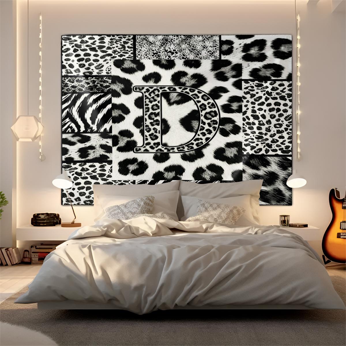 Personalized Initial Wall Tapestry, Retro Leopard Print Patchwork, Easy Care Good Shading, Suitable for Living Room Rental Wall Decor