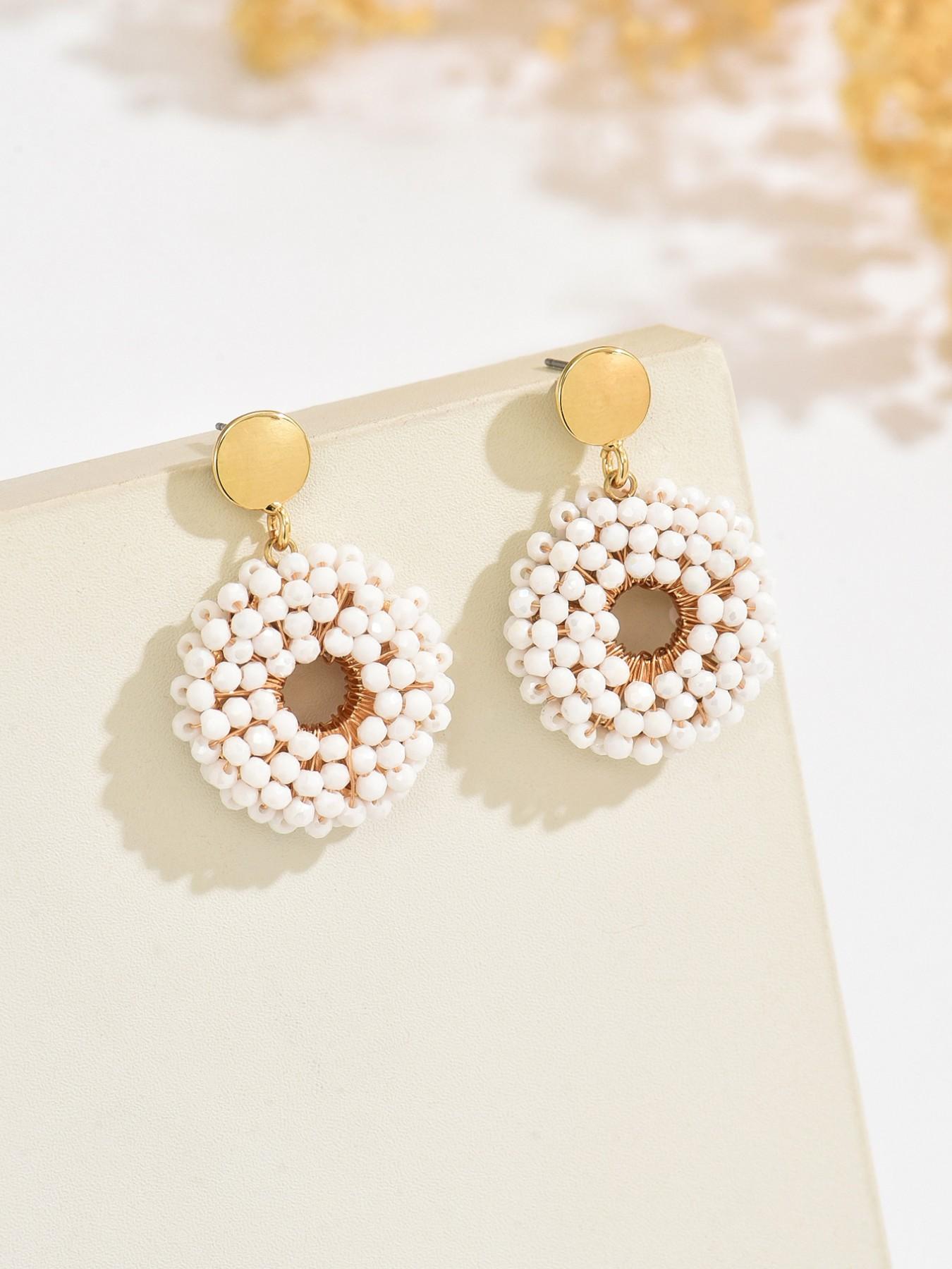 A pair of pure handmade, beaded circular dangle earrings featuring a dazzling "Bling-Bling" effect and a chic Bohemian resort style. These vintage-inspired, ethnic-style earrings offer a unique, versatile, and minimalist aesthetic—exuding elegance