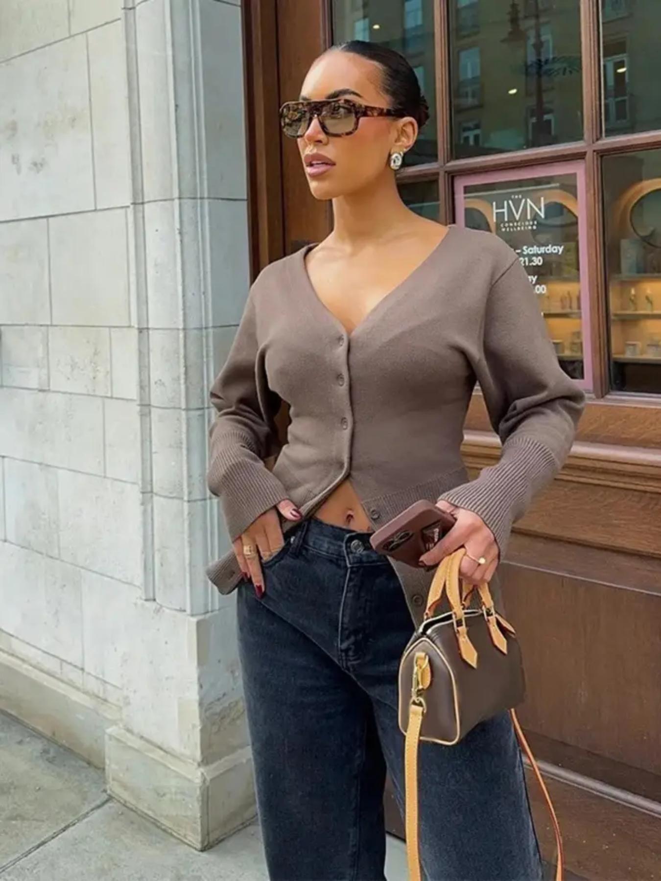 Women's Solid V-Neck Cardigan Long Sleeve Button Front Ribbed Knitwear Elegant Slim Fit Sweater Top Fall Winter Daily Wear Fashion Knit Clothing Ladies Casual Outfits Knitting
