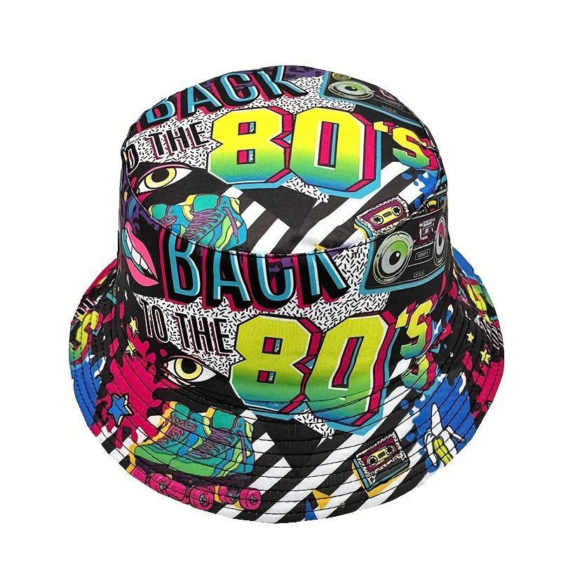 Vintage Unisex Floral Snapback Bucket Hat - 80s Design Polyester Beach Cap, Colorful Retro Multi Color Festival Inspired Printed Graphic Hat, Ideal for Beach Trips & Casual Outings, Snapback Hat, Colorful Retro Hats