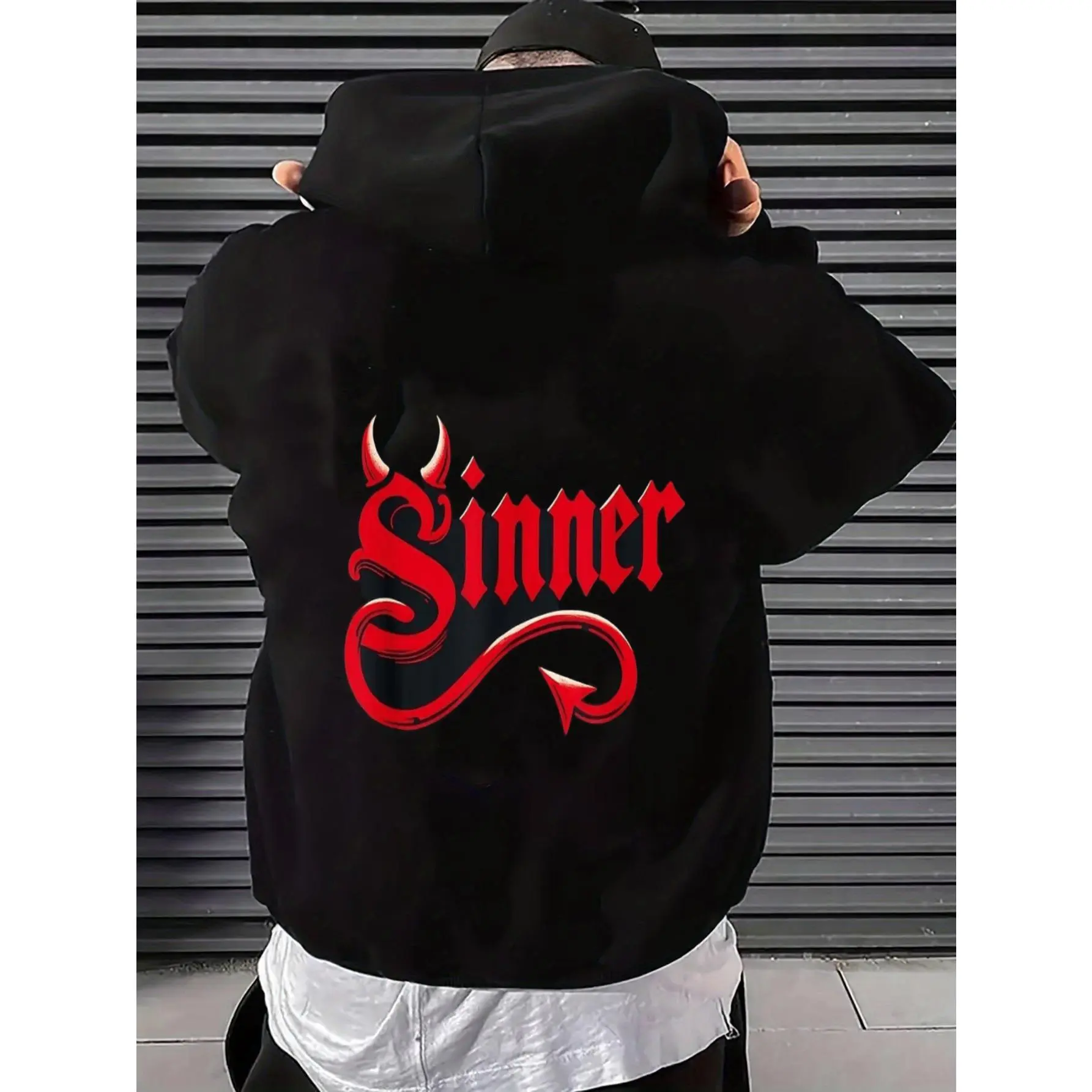 Gothic Red Devil Sinner Graphic Tee Bold Stylized Font Curly Devil Tail Dark Alt Fashion Statement Pullover Hoodie Plus Size Long Sleeve Casual Cozy Fabric Machine Washable