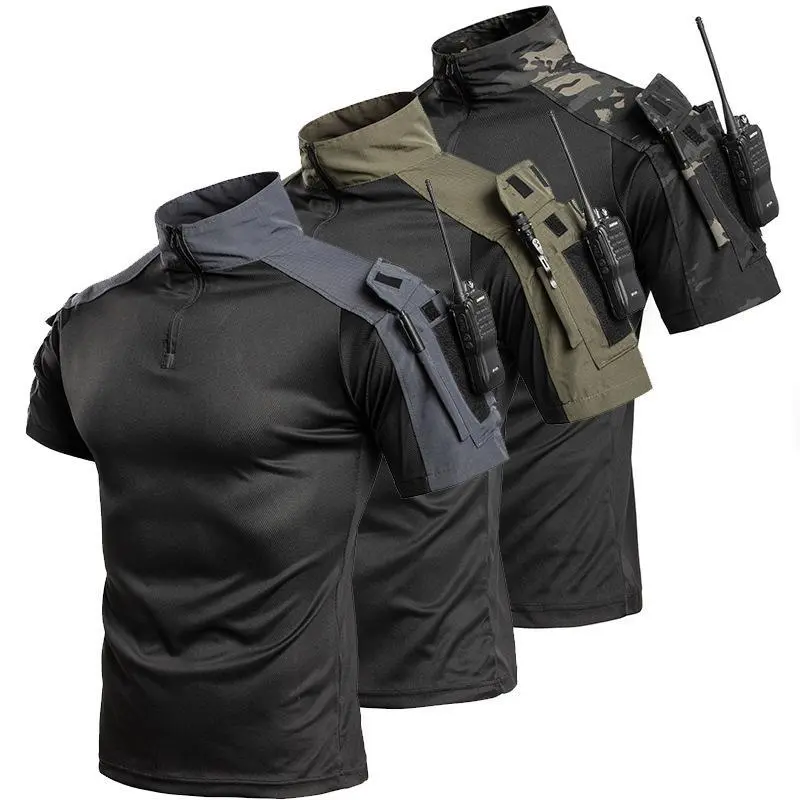 Men's Tactical Short Sleeve T-Shirt, 1/4 Zip Combat Shirt with Arm Pockets, Breathable Quick Dry Military Top for Hiking, Hunting & Outdoor