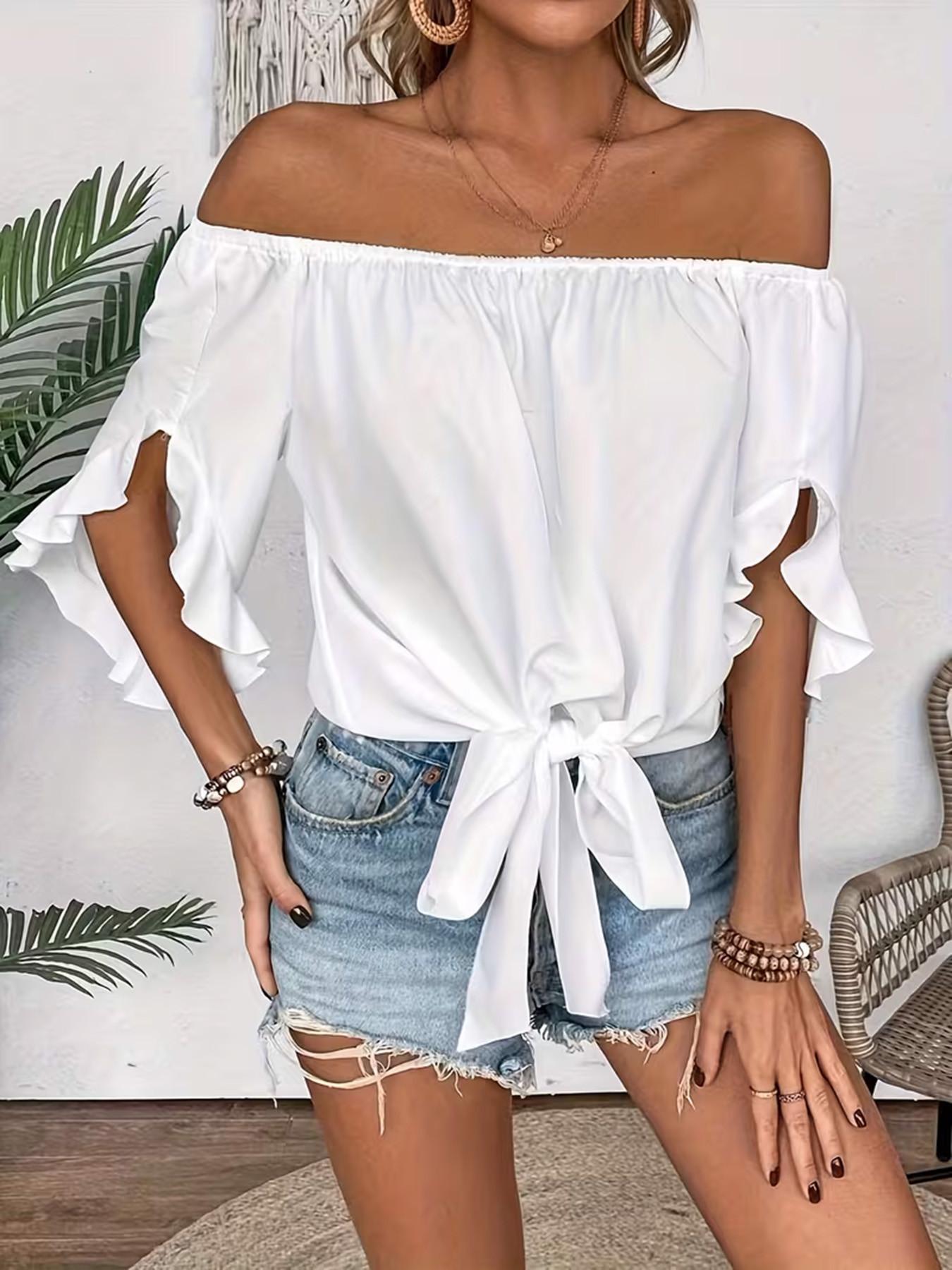 Women's Casual Off-Shoulder Ruffle Bell Sleeve Shirt Blouses, Elegant Feminine Tie Hem Loose Top, Stylish and Comfortable Daily Wear