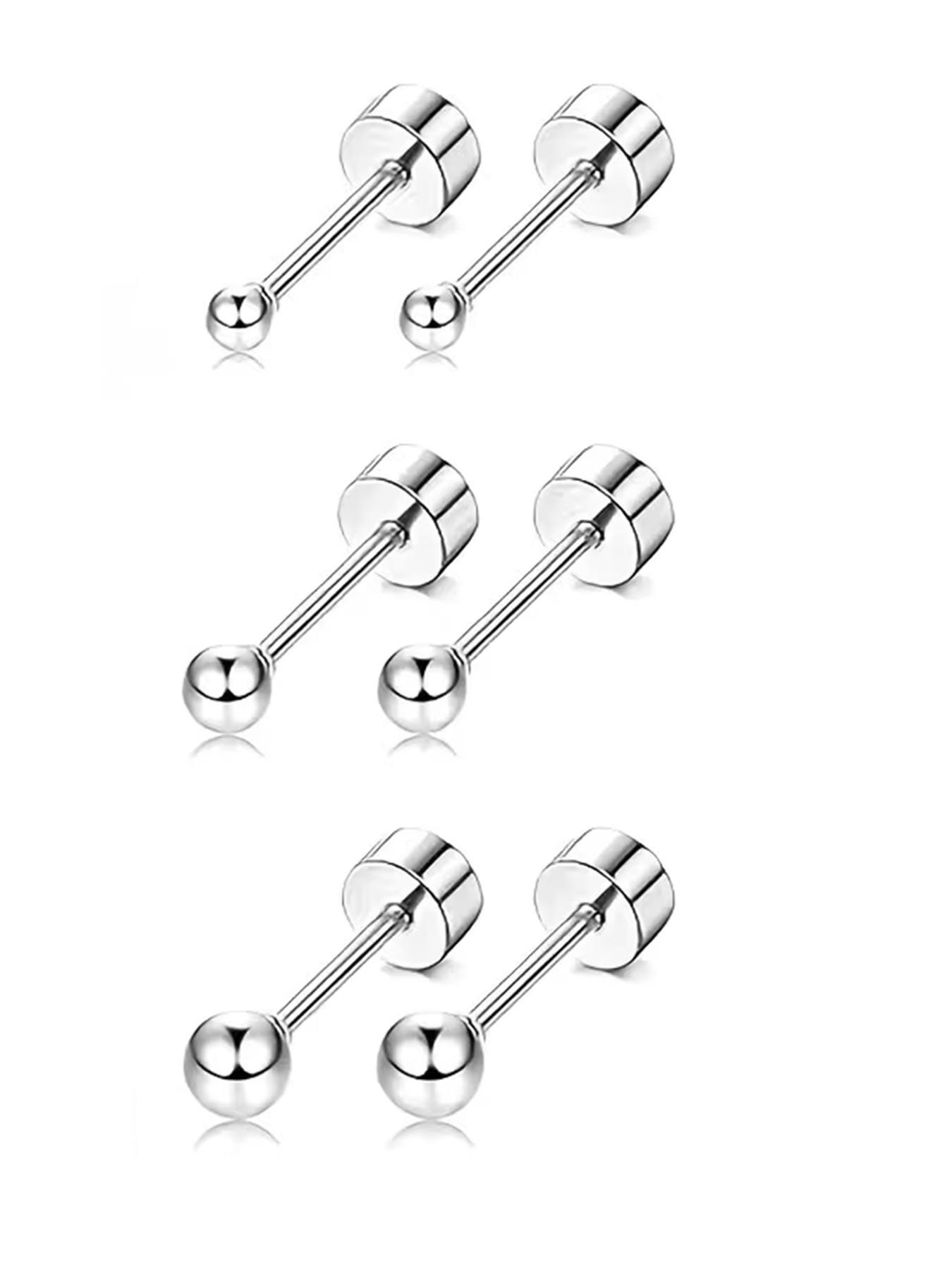 6pcs Stainless Steel Ball Earrings Set, 2mm 3mm 4mm Screw Back Studs, Hypoallergenic, Unisex, Shower & Sleep Safe, Allergy-Free Gift