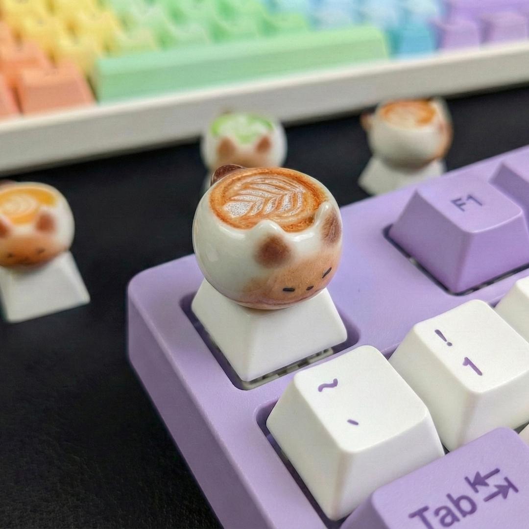 Cute Thai Cat Coffee Cartoon Keycaps, Kawaii Pbt Mechanical Keyboard Caps, Customizable DIY Anime Game Accessories Gift
