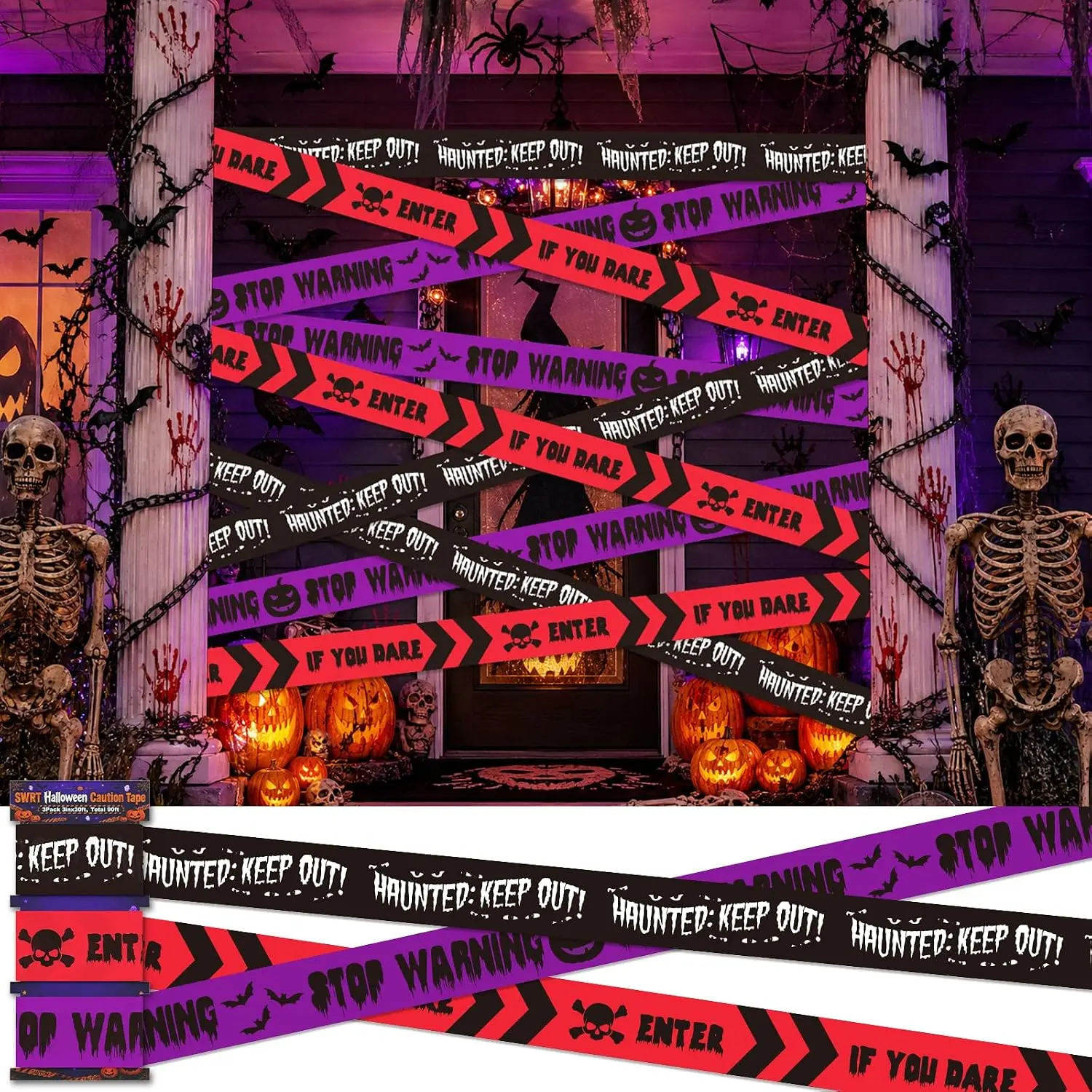 3 Pack Halloween Decorations Caution Tape, 3 in x 30 Ft (Total 90 Ft) |   Halloween Party Decorations Indoor Outdoor, Warning Tape for Door, Yard, Porch, Haunted House, witch, clown, bat Theme BY