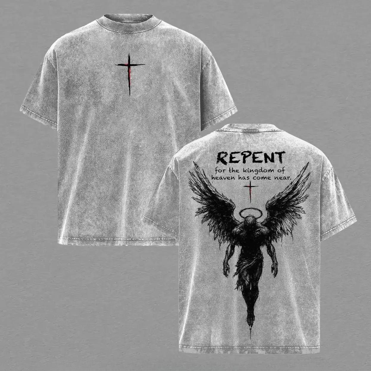 Repent Vintage Washed Oversized Christian T-Shirt, Angel Wings Faith Graphic Tee, "Kingdom of Heaven Has Come Near" Gospel Streetwear Top, Heavy Cotton Unisex Retro Worship Shirt U8N, Apparel, Shortsleeve